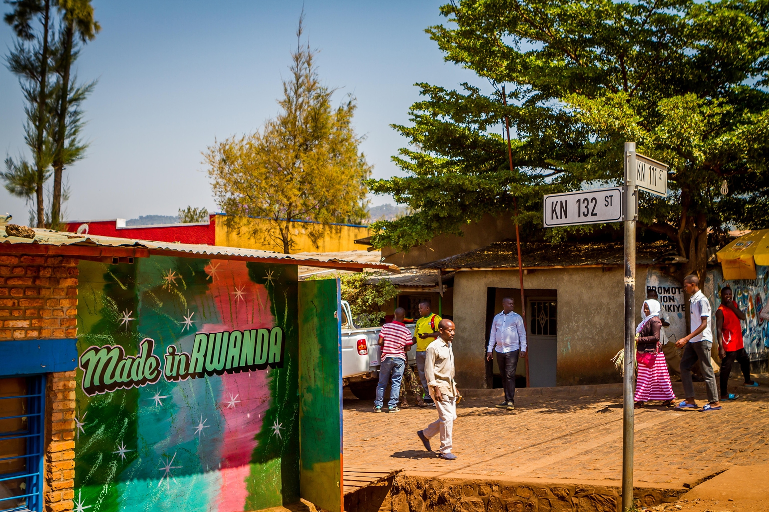 "Made in Rwanda" sign on a sunny summer day in Kigali, Rwanda at the intersection of KN 132 and KN 111.