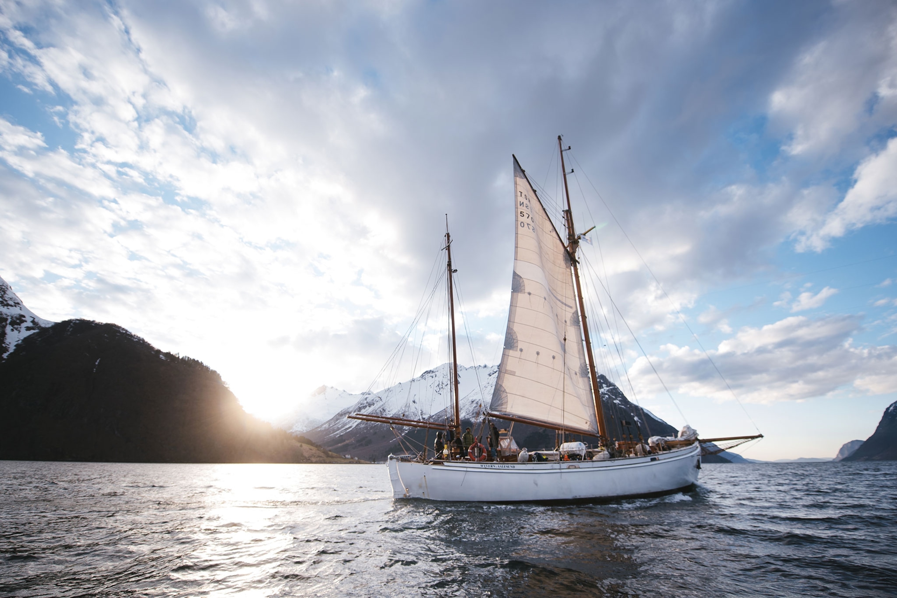 the ship the Wyvern sailing up Hjørunfjorden in Norway
