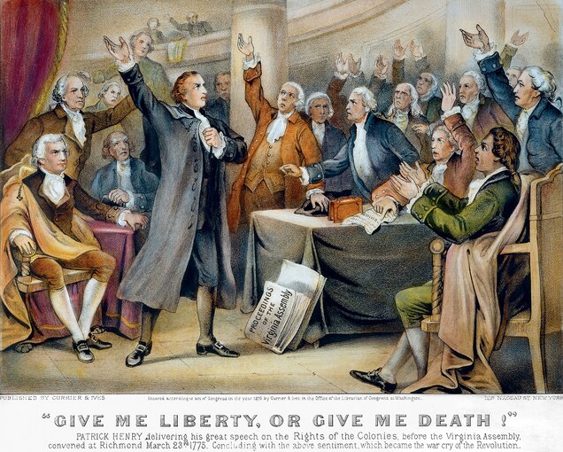 Patrick Henry delivers his &ldquo;liberty or death&rdquo; speech to the second Virginia Convention.