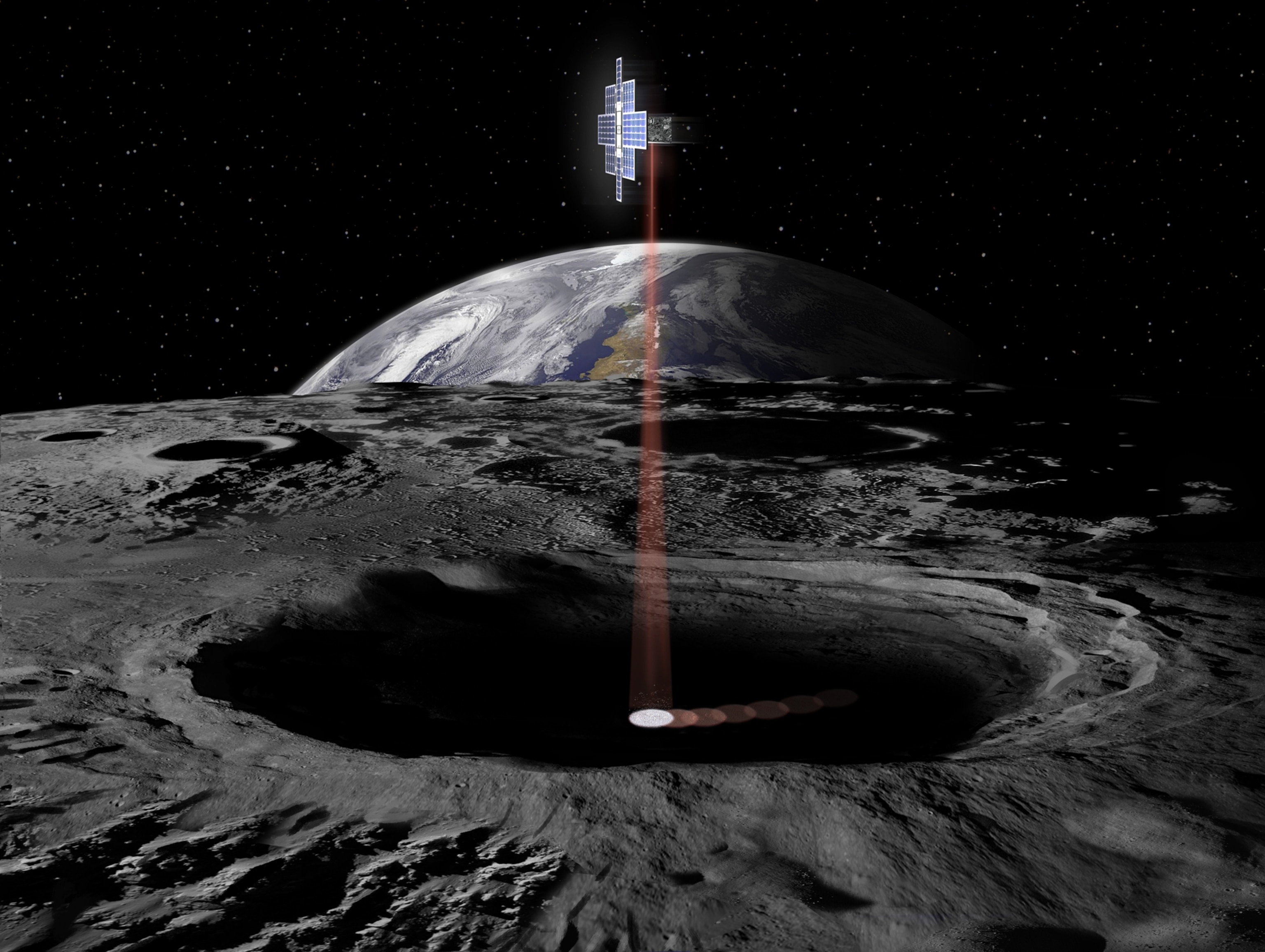 An illustration of a satellite scanning a lunar crater.