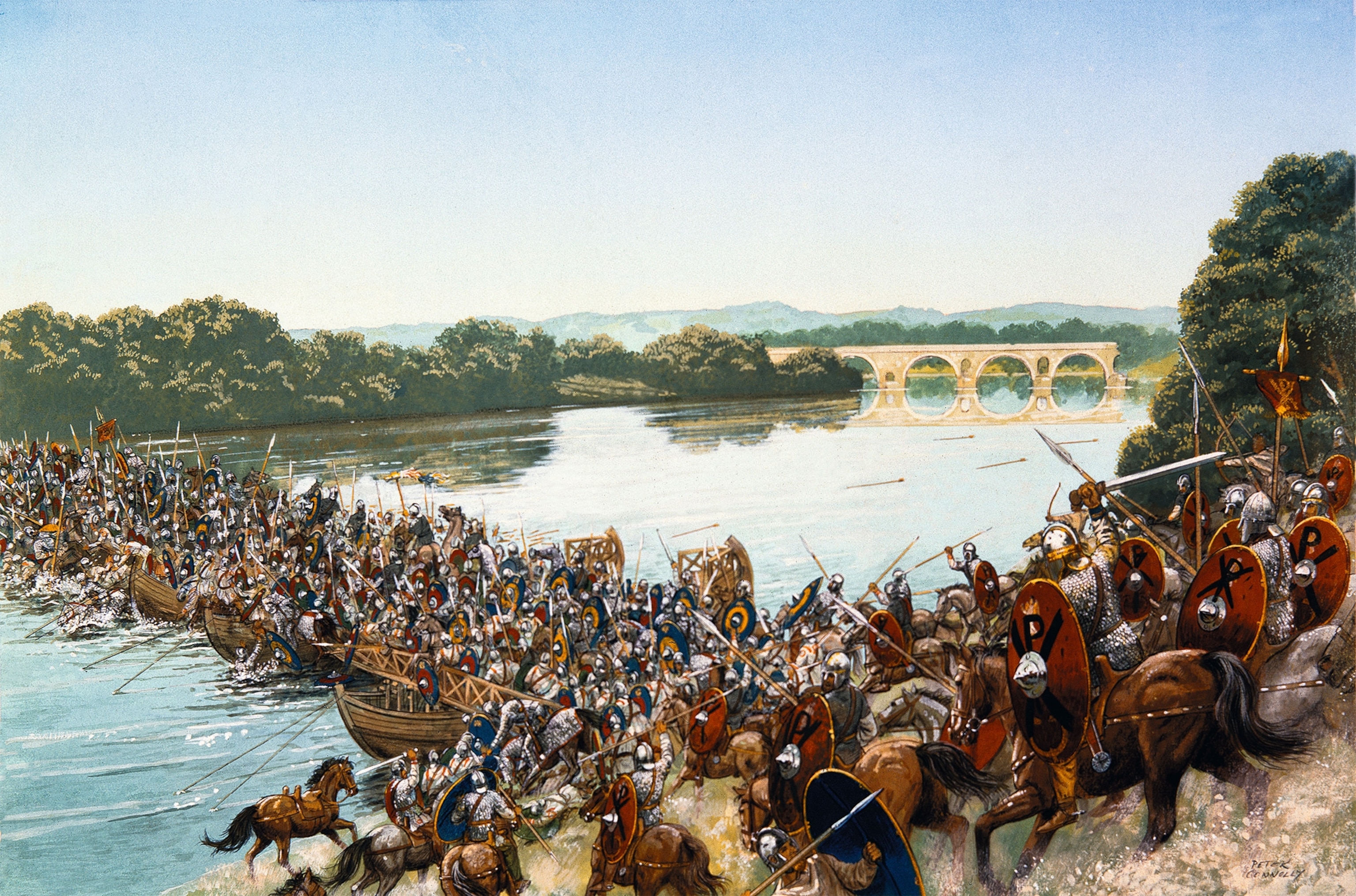 An illustration depicts Constantine’s soldiers pursuing the troops of Maxentius as they try to retreat to Rome across the pontoon bridge they had built earlier.