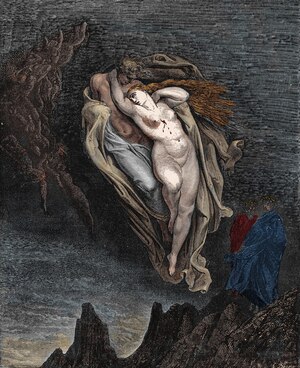 Paolo Malatesta and Francesca da Rimini embrace as the infernal wind tosses them about in a 19th-century engraving by Gustave Doré.