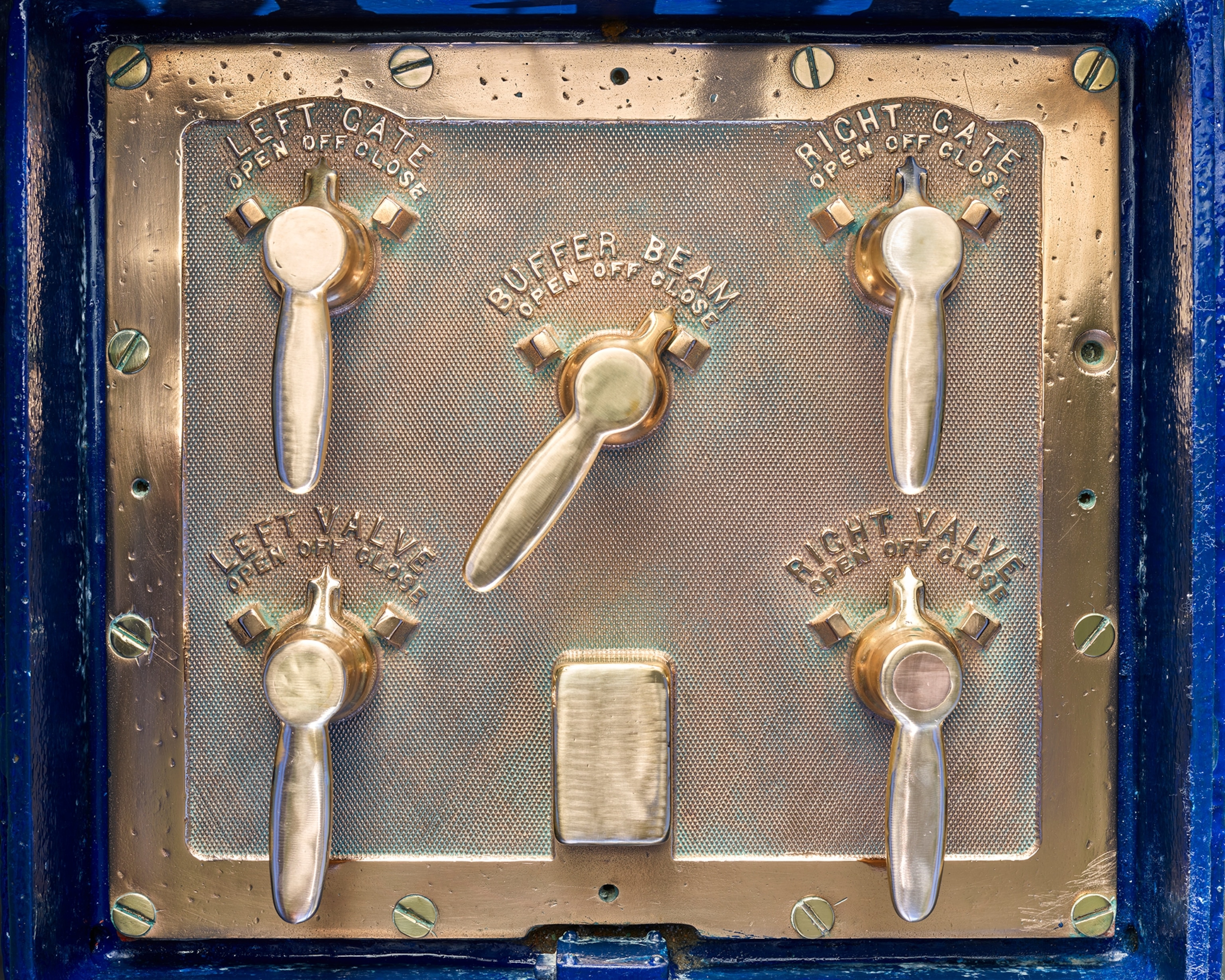 Original brass operators controls for Lock E3, Waterford; still in service to operate the lock, Erie Canal, New York.