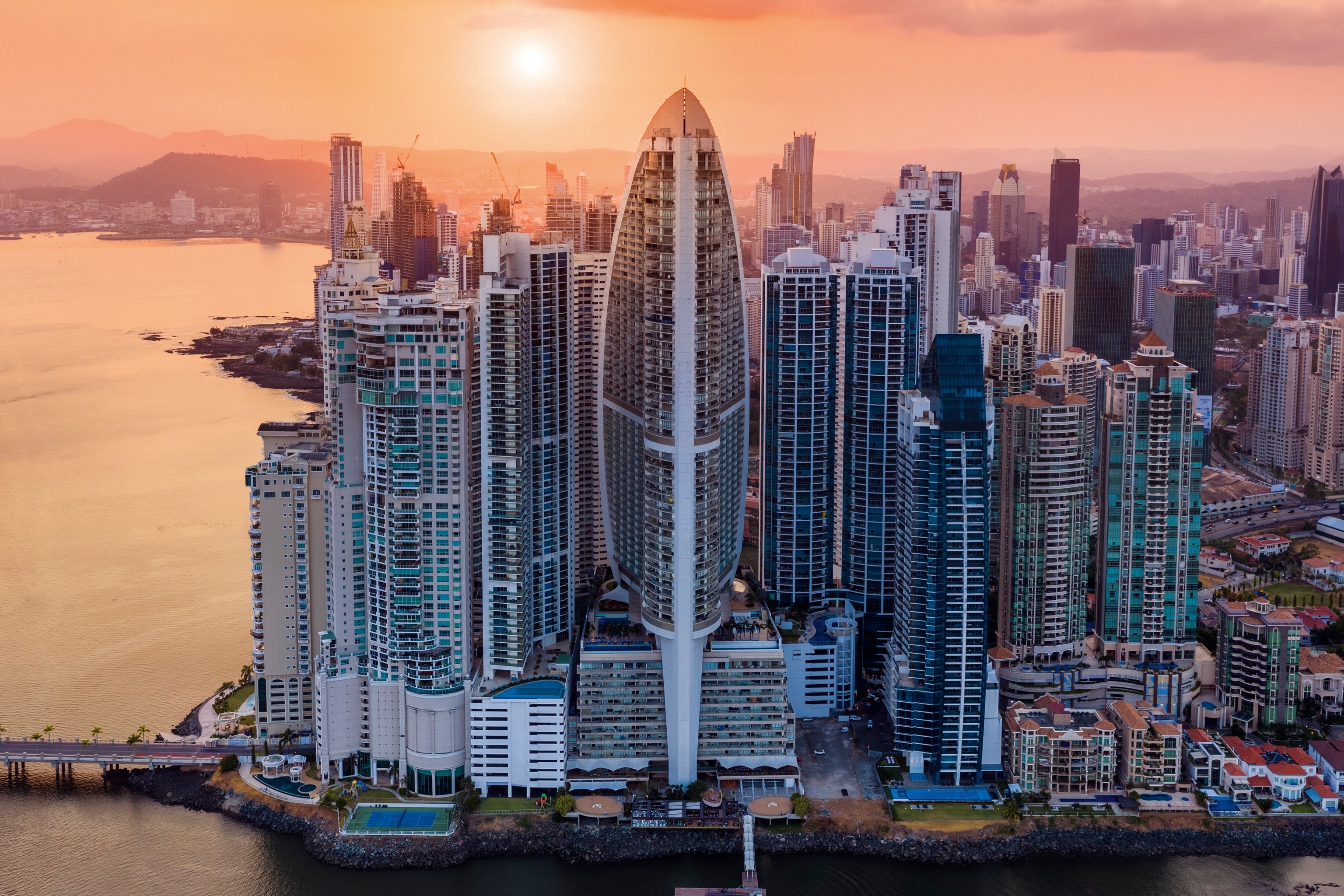 Sunset skyline of skyscrapers