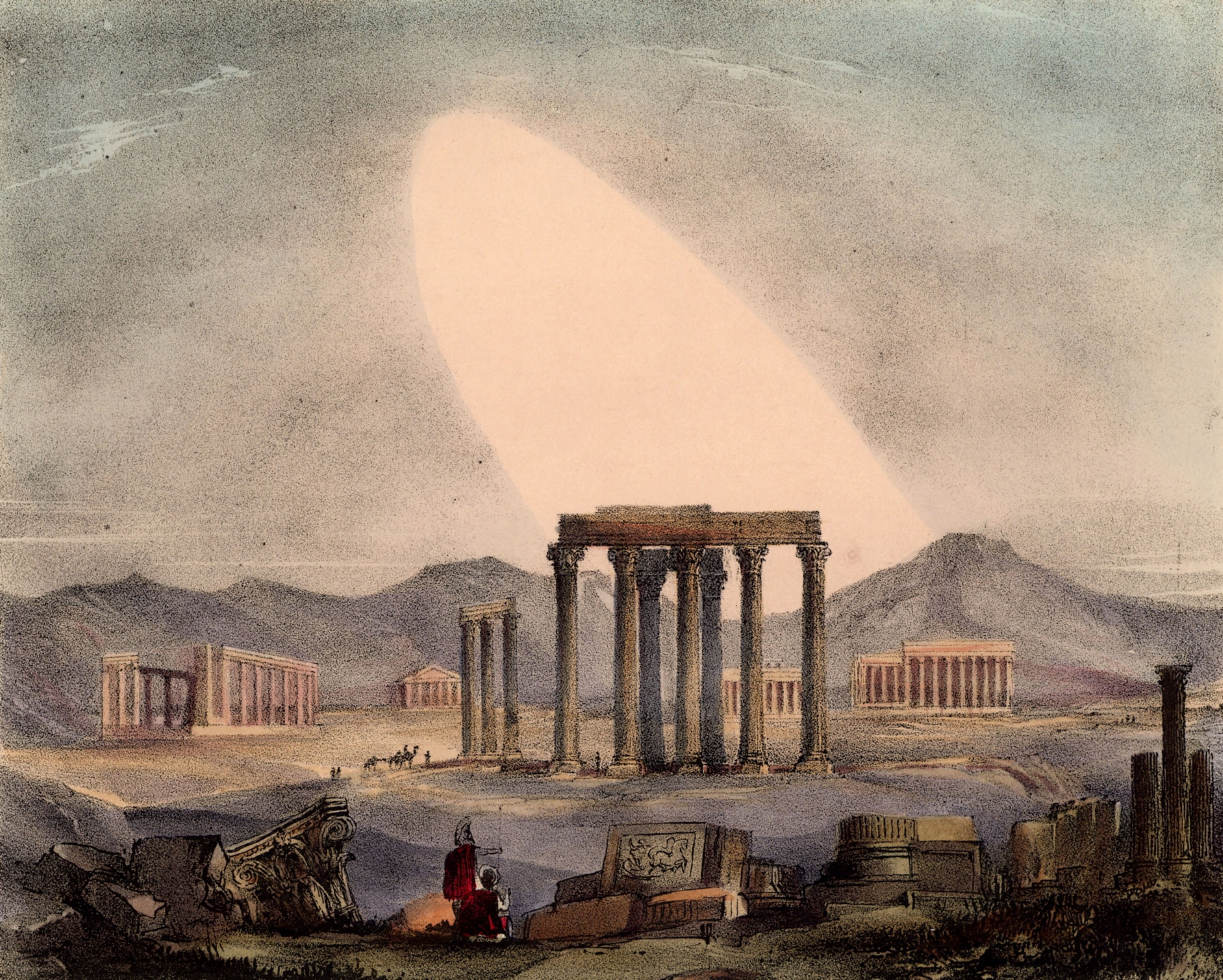 A cone of light appearing above stone ruins