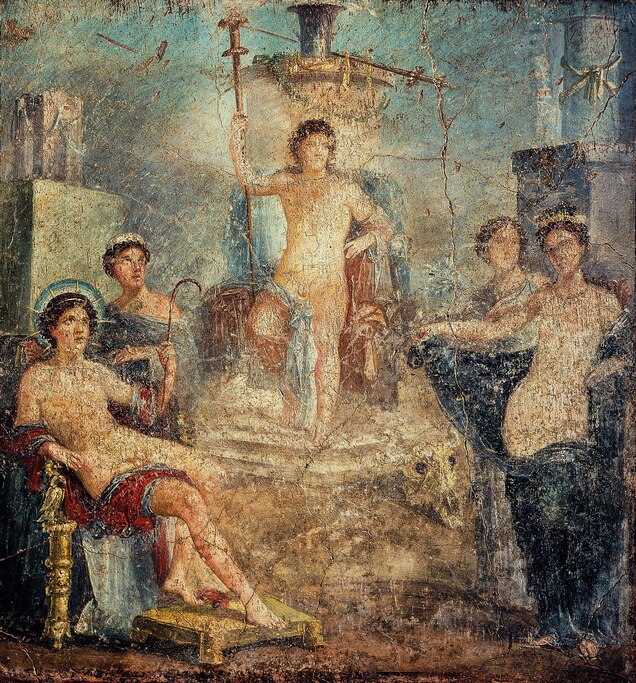 Dionysus is flanked by Apollo, god of archery, and Aphrodite, goddess of love, in this fresco from Pompeii, now at the National Archaeological Museum in Naples.