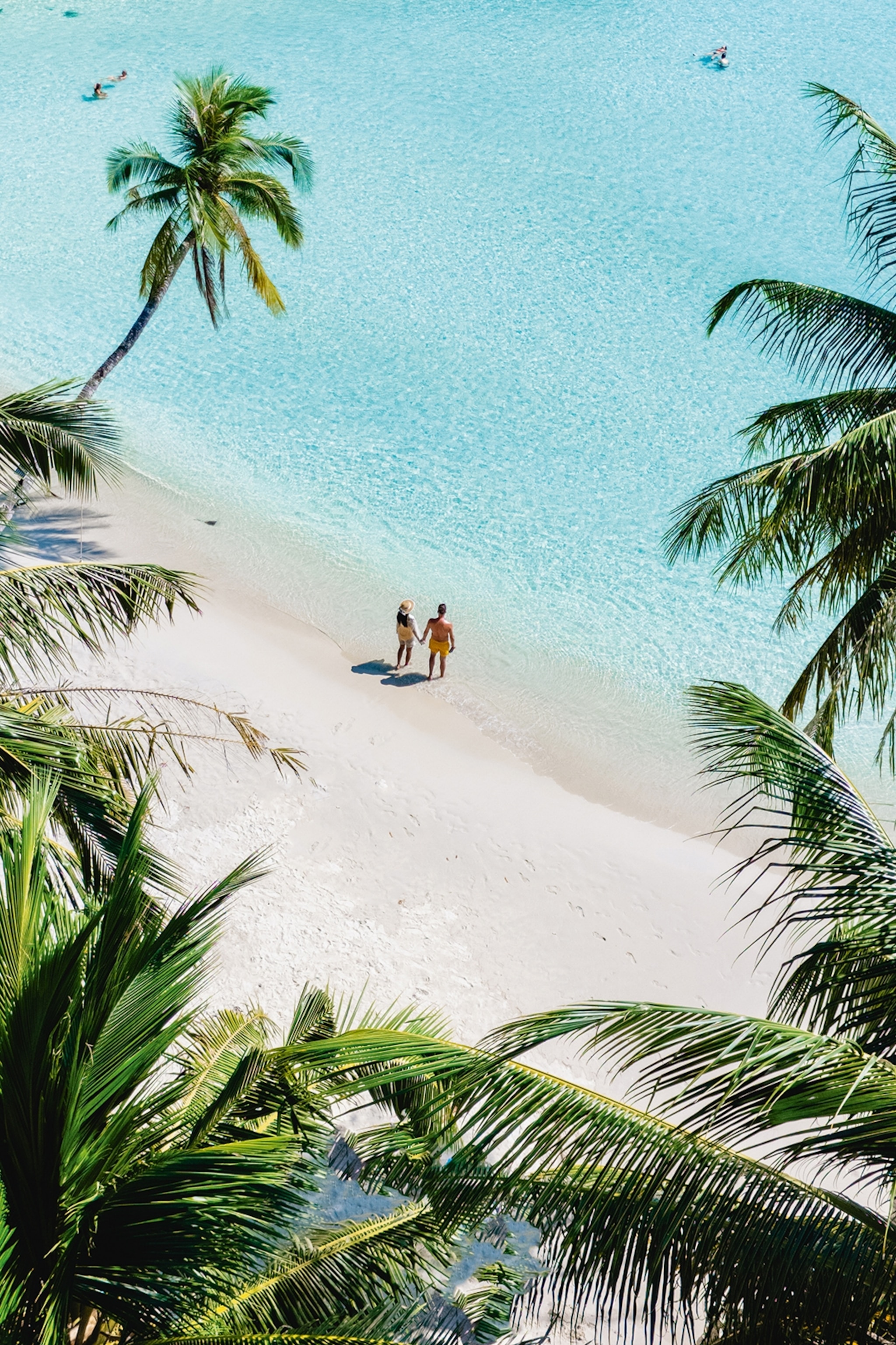 A couple walking along a sandy beach, shot from afar through palm trees.