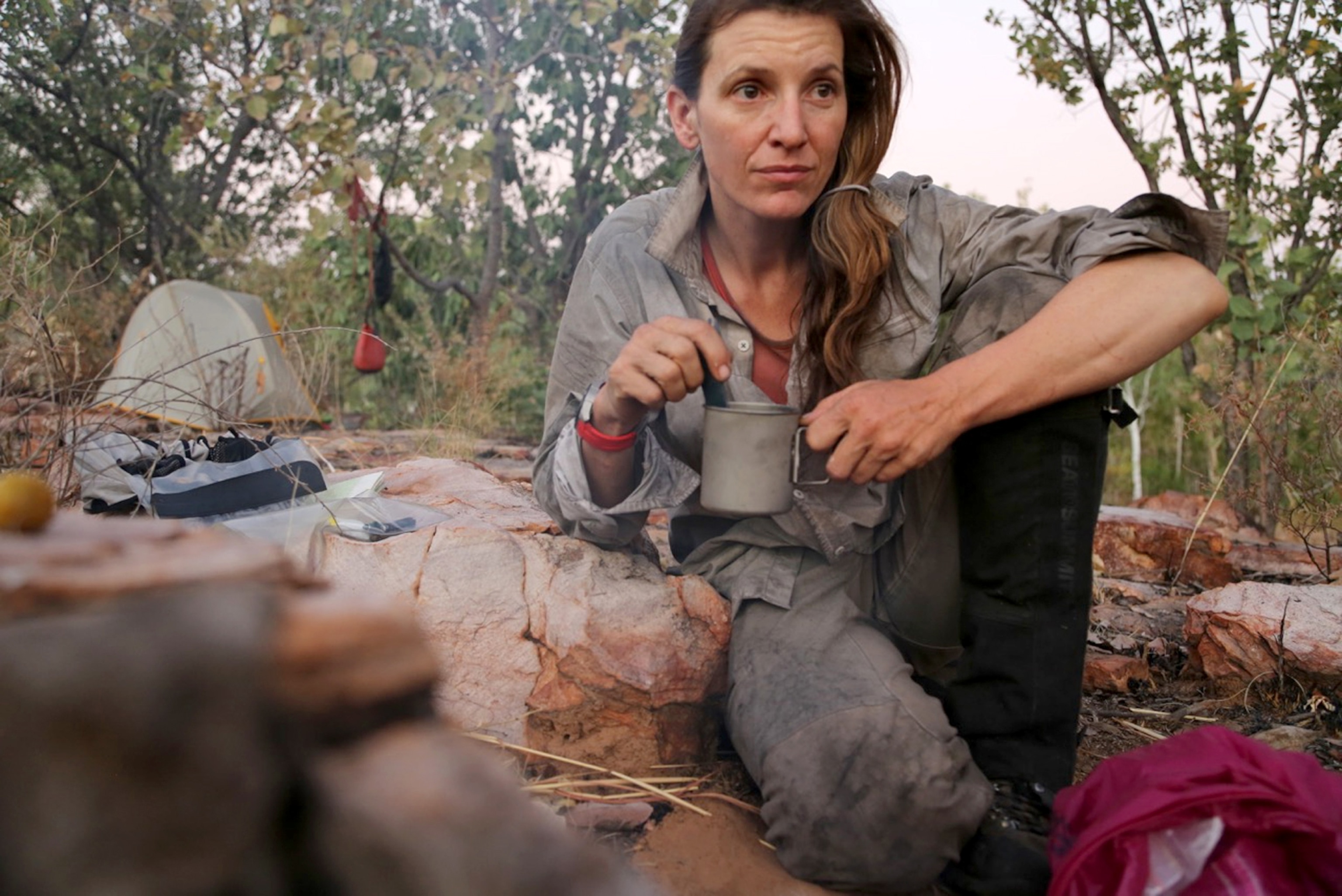 Sarah Marquis at her camp in Kimberly, Australia