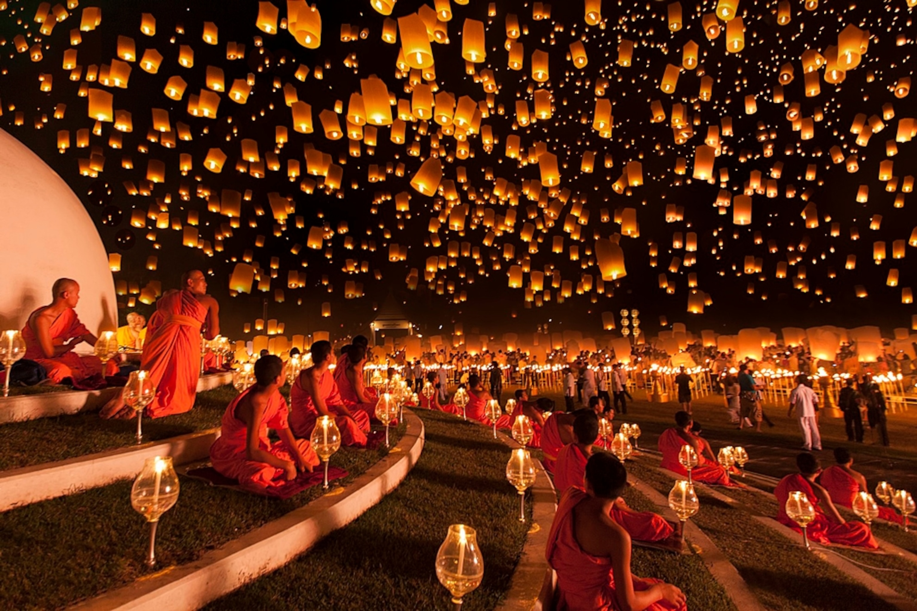 monks at lantern festival, Thailand