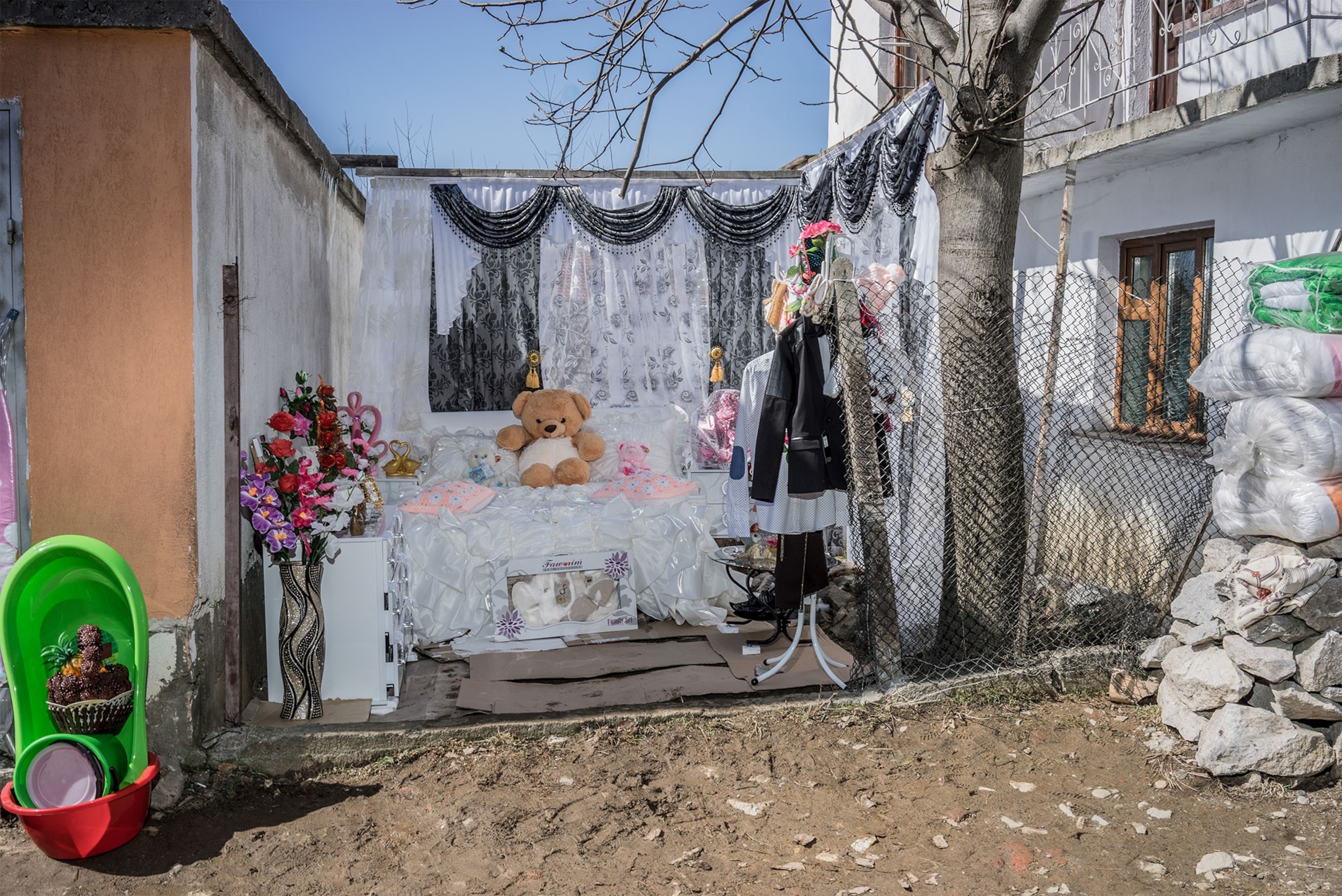 a replica wedding bed outdoors