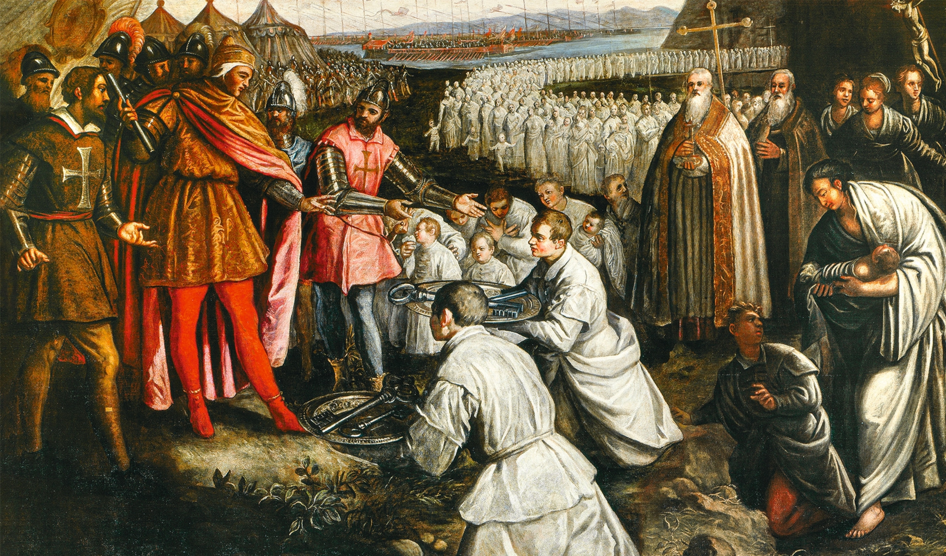The crusader leaders accept the surrender of the Dalmatian city of Zara.