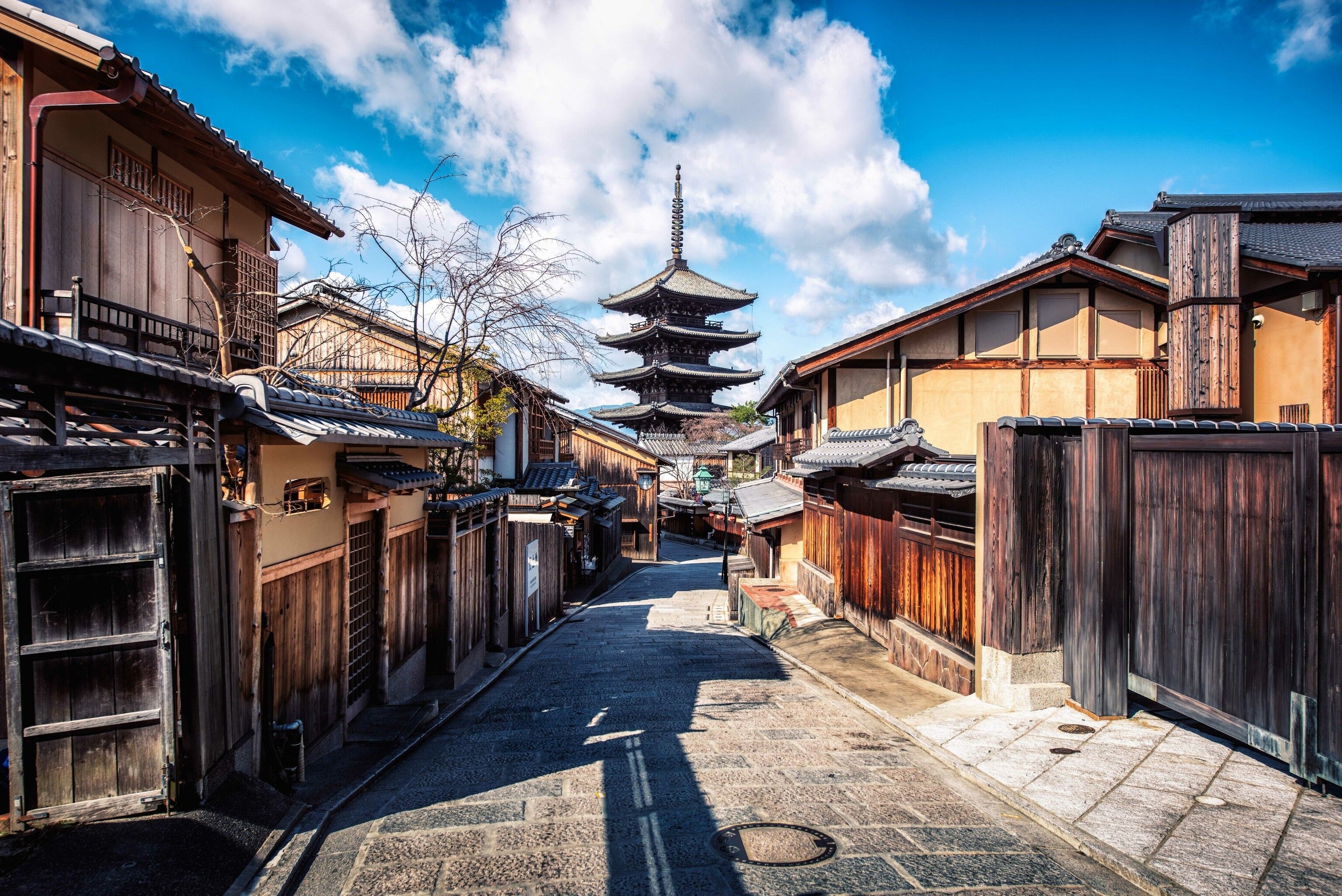 A street with a Buddhist temple and rows of traditional wooden houses.