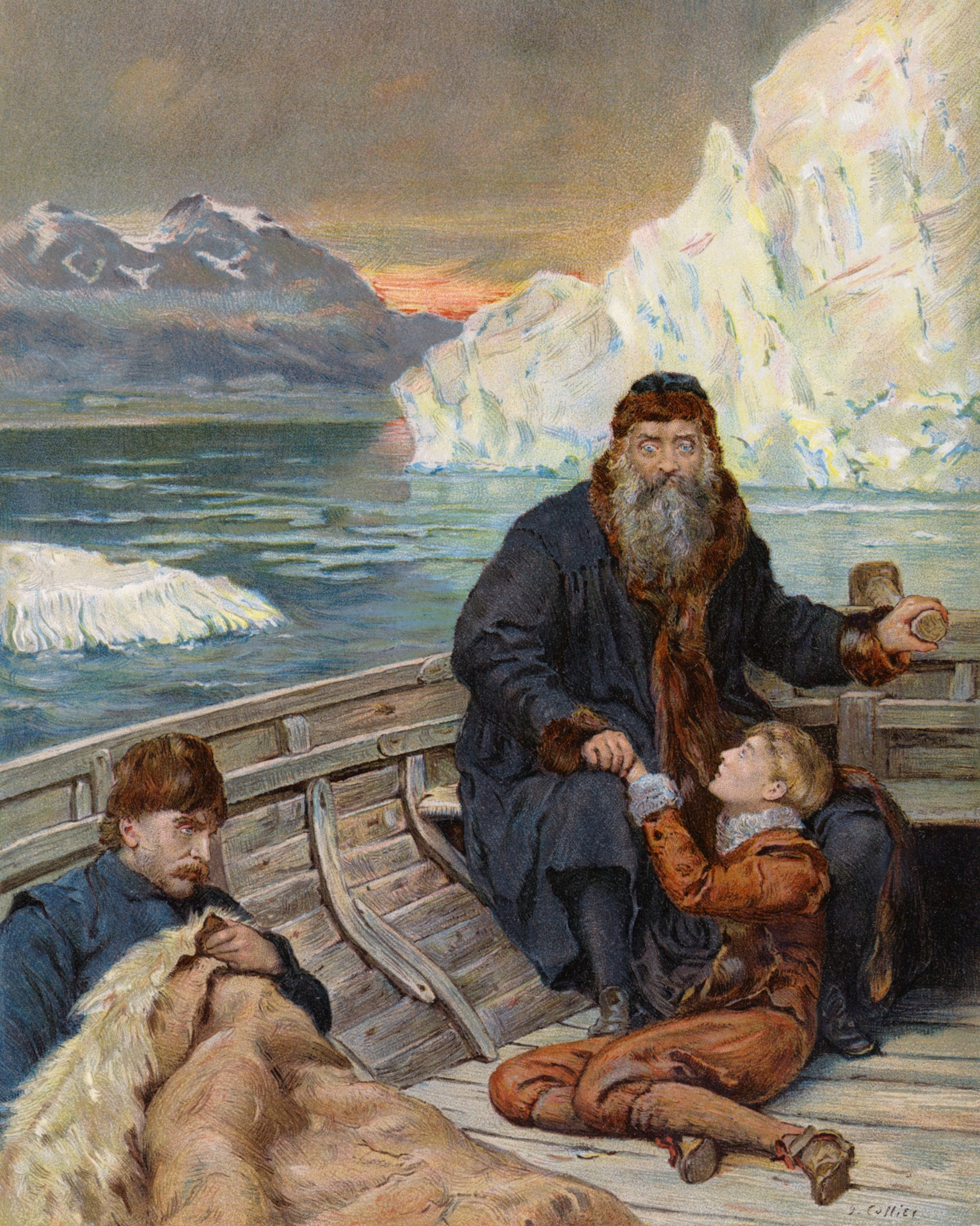 A bearded man in warm clothing sits in a wooden boat among icy waters, comforting a boy. Another man rests nearby