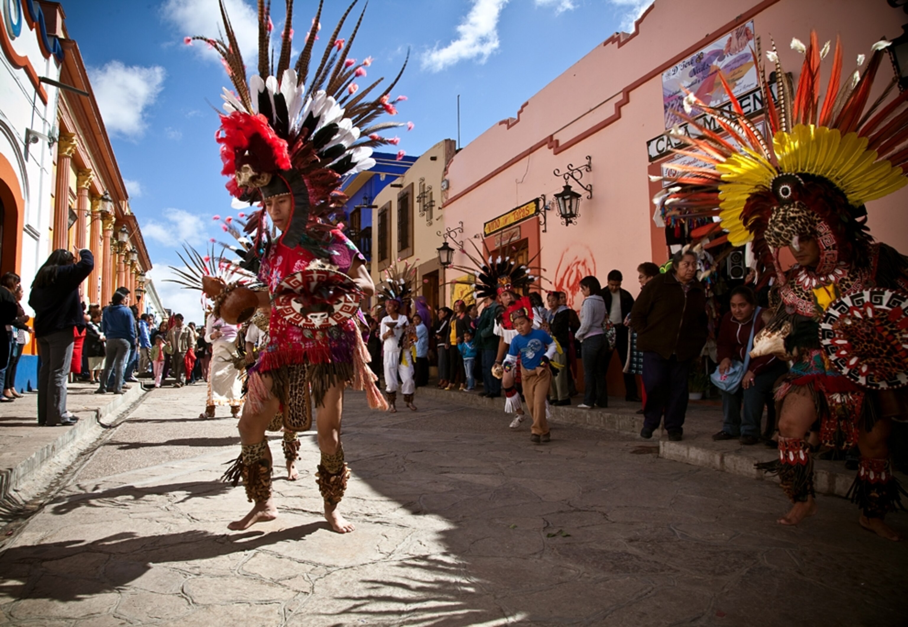 A man performs in the street during the Fiesta de Virgen de Guadalupe in San Cristobal, Chipas.