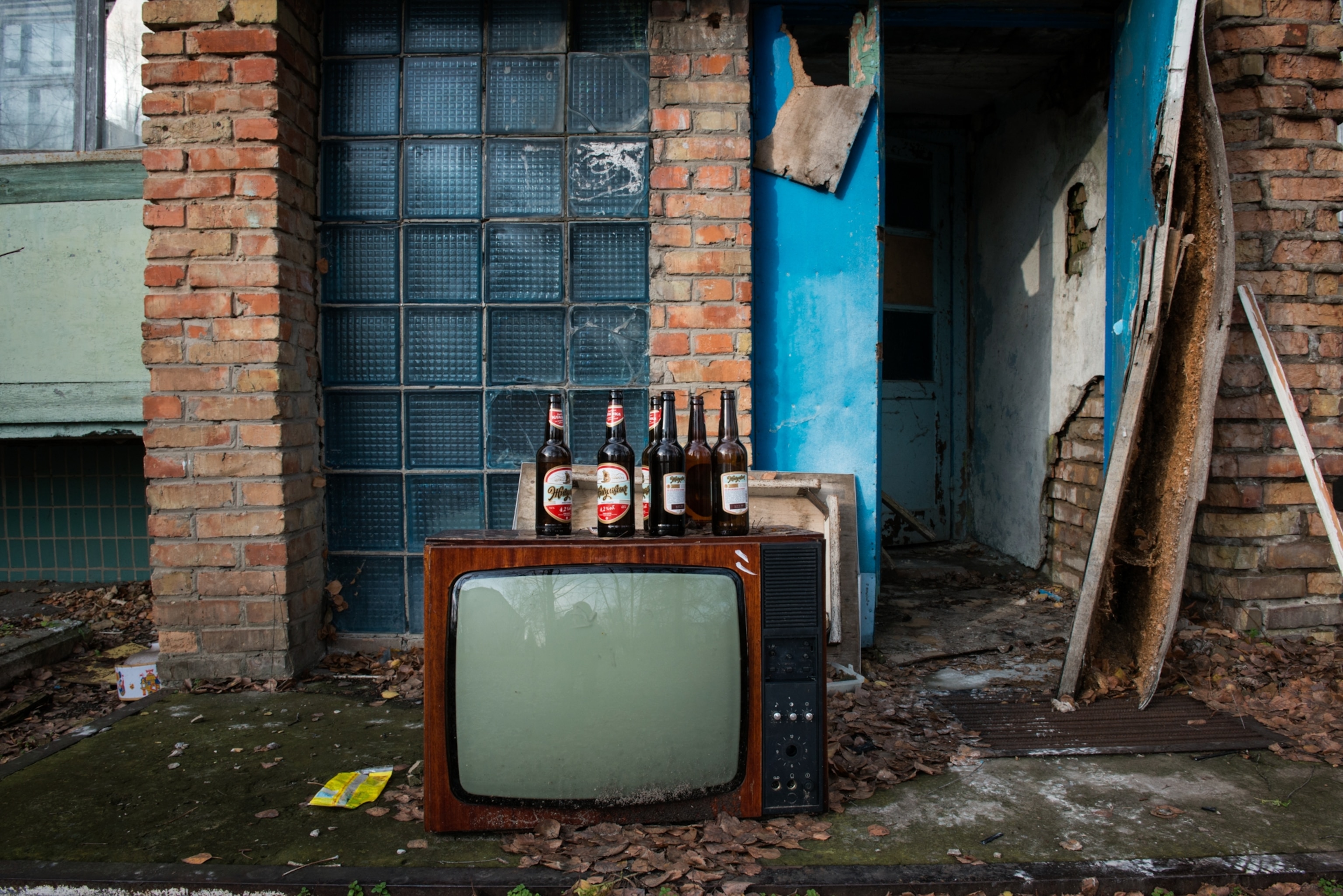 Beer bottles after an impromptu party along the streets of Chernobyl