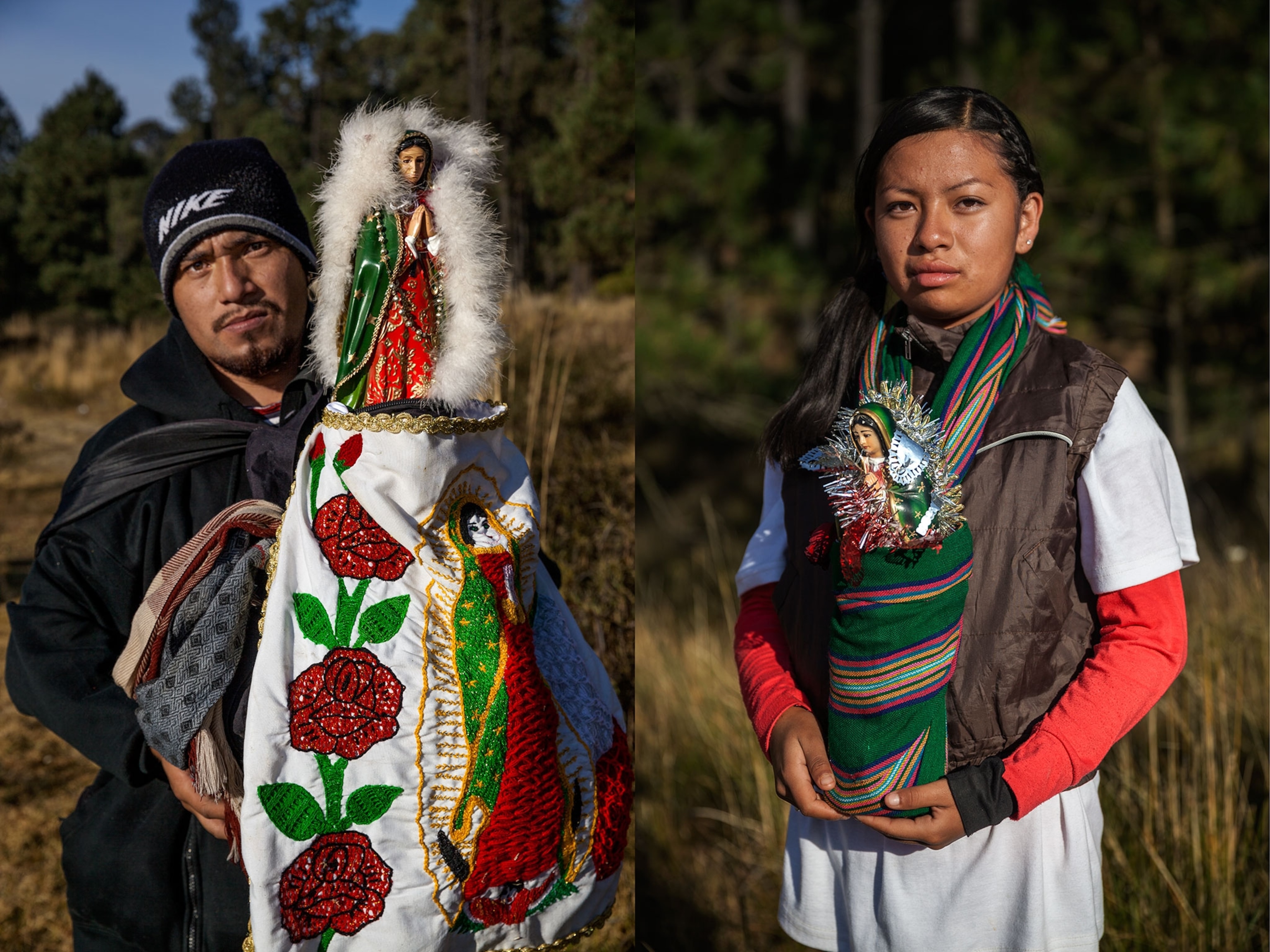 a man and a woman carrying statues of the Virgin Mary.