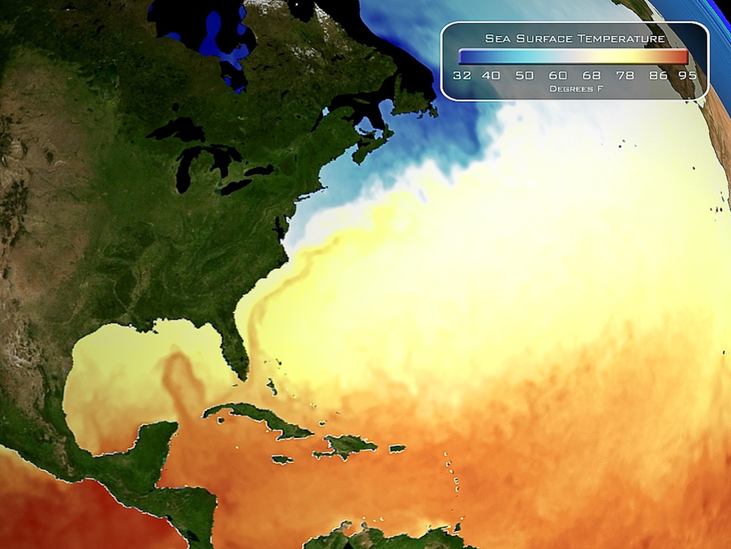 The current of the Gulf Stream is visible in a map of water temperatures.
