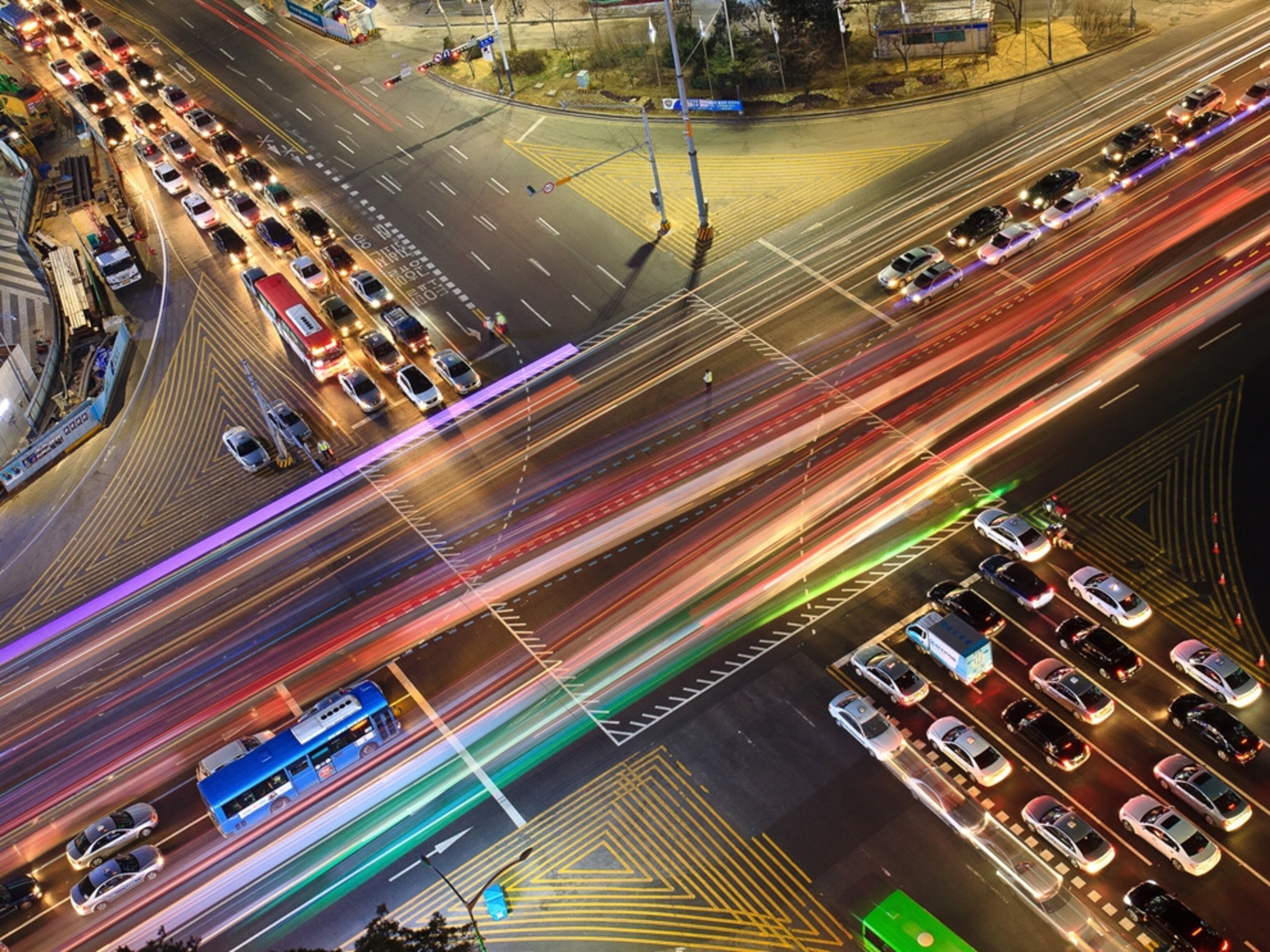 Night shot of a busy city intersection