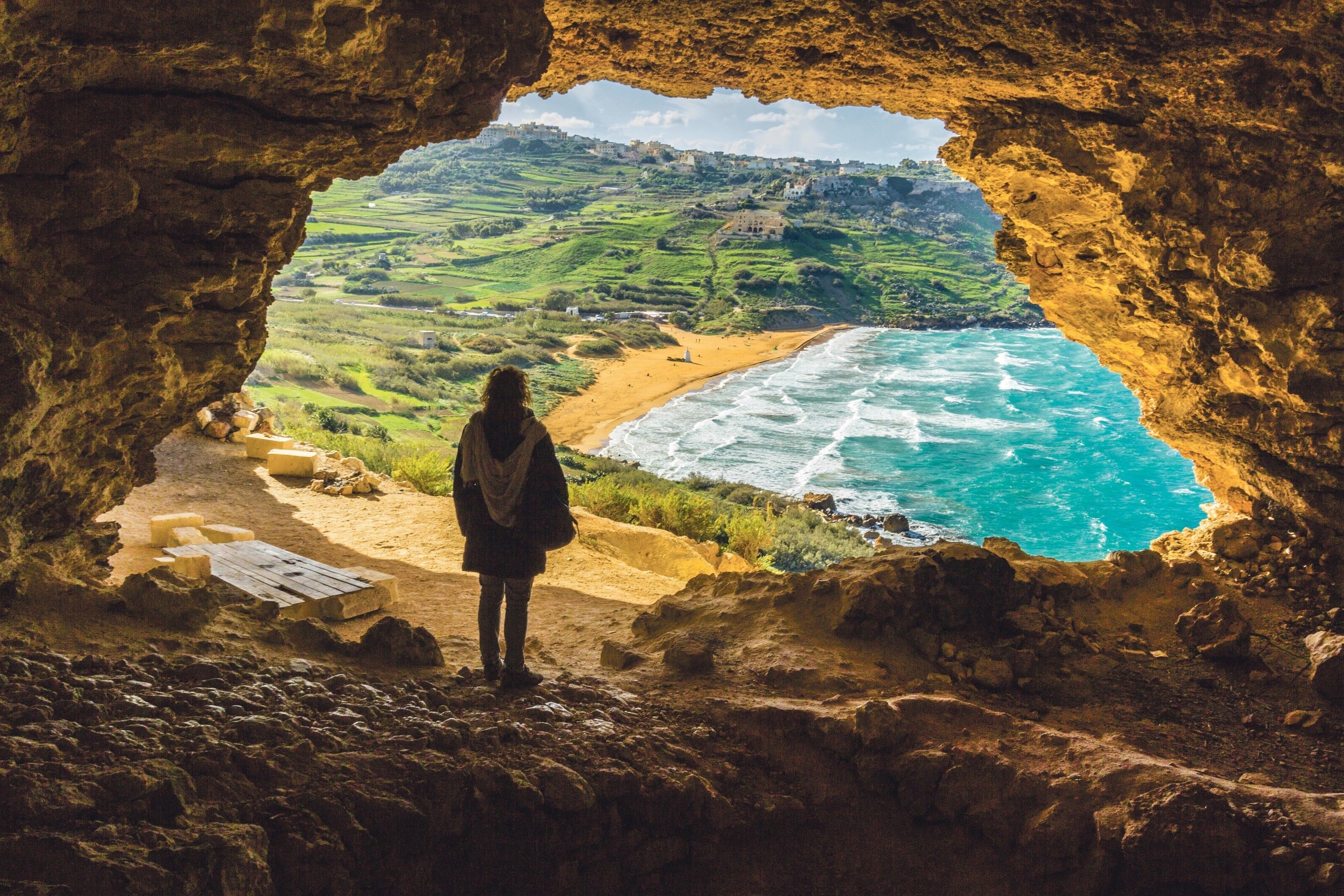 Looking out over Ramla Bay from Calypso’s Cave, Gozo.