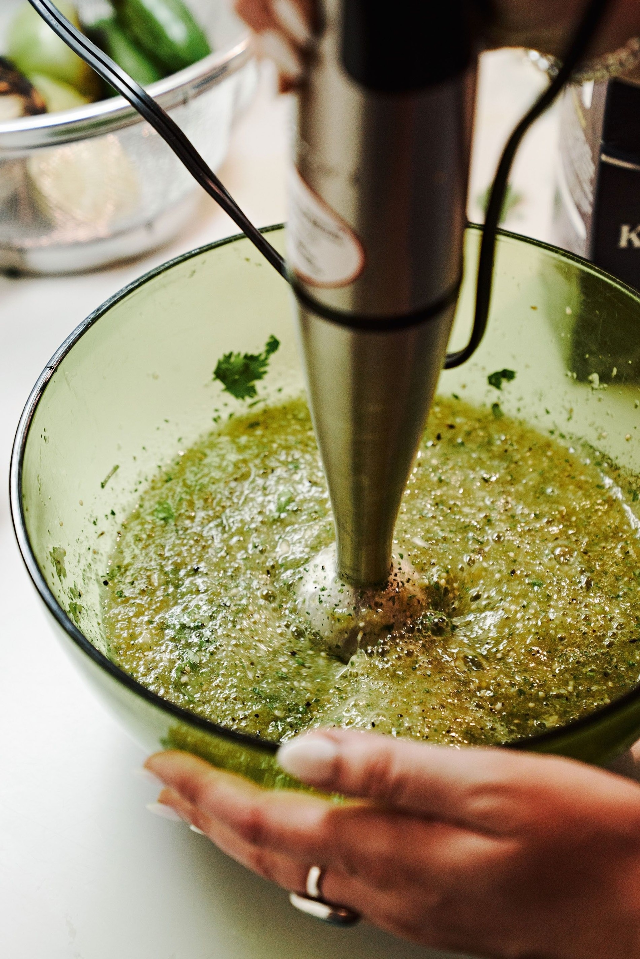 Preparing Pat's charred salsa verde.