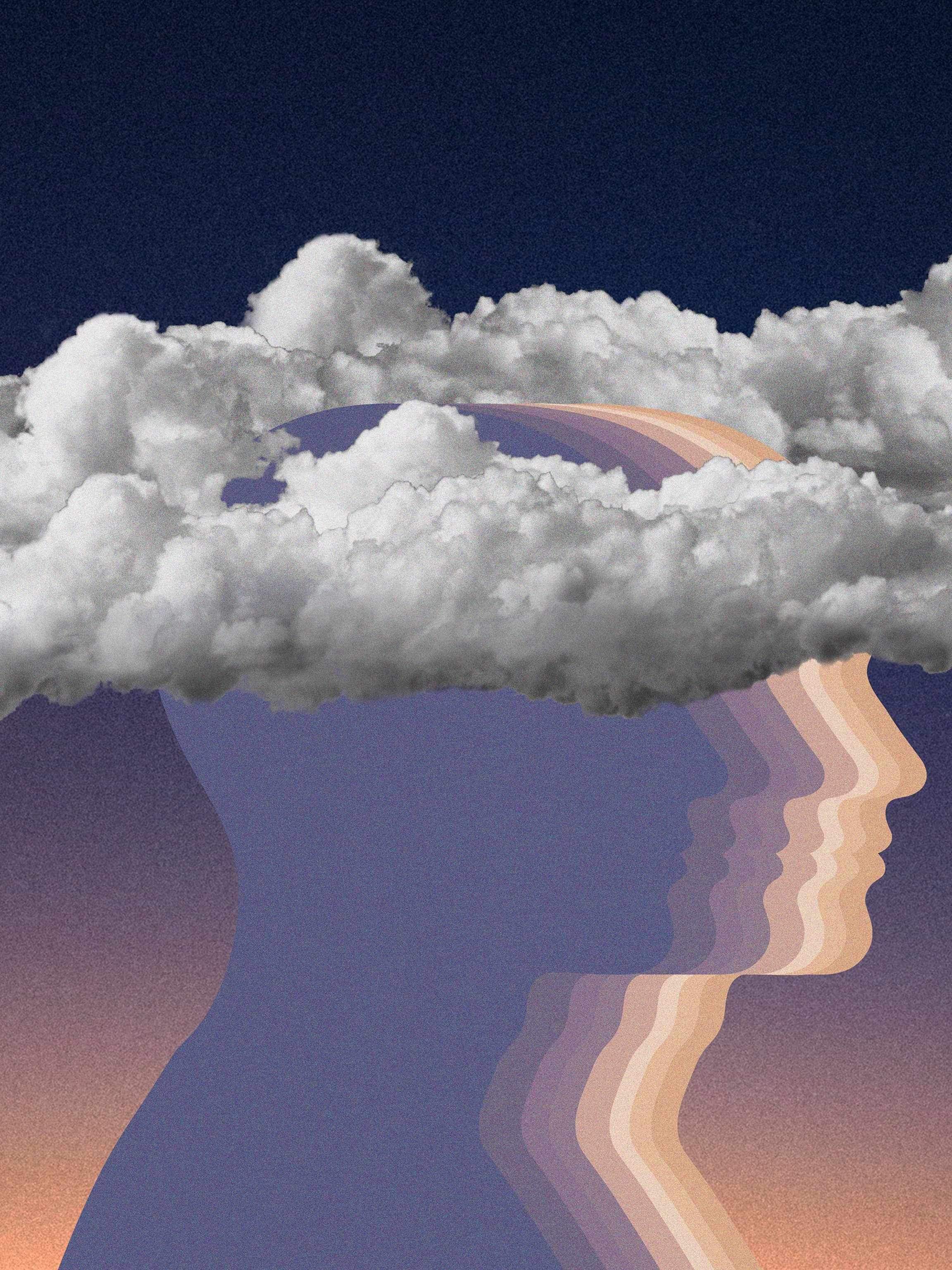 Photo illustration with dark blue to orange ombre background, layered gradient color silhouettes of side profile, with clouds over the head