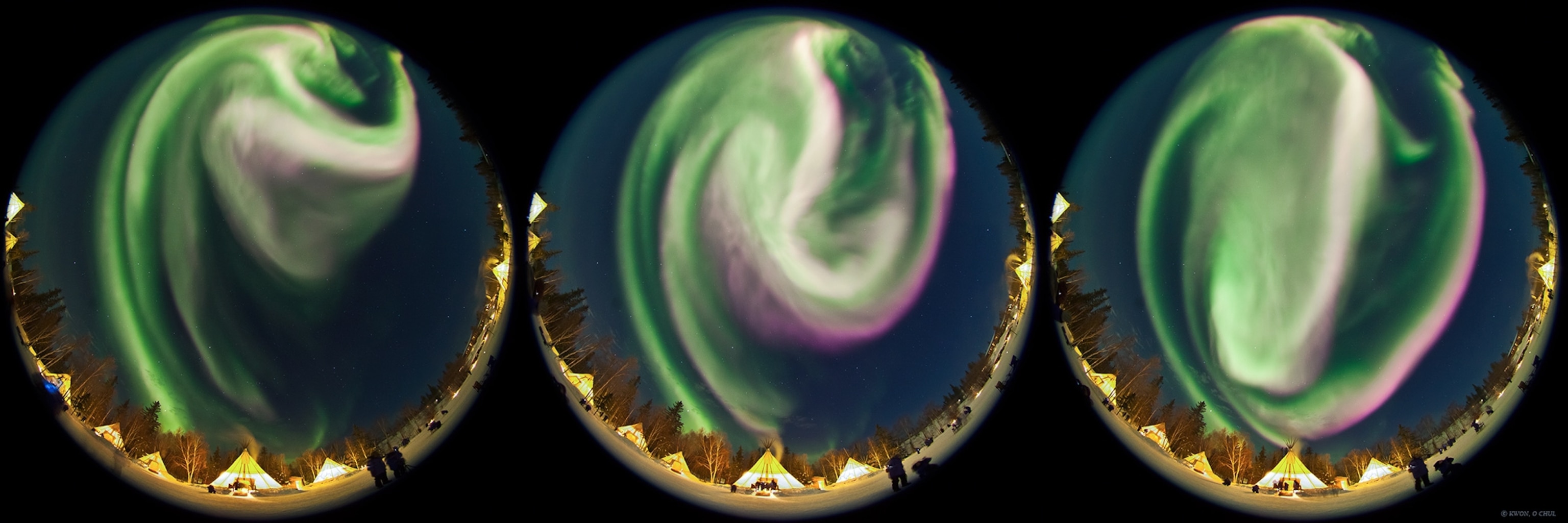 A picture taken with a fish-eye lens of the northern lights near Yellowknife in Canada