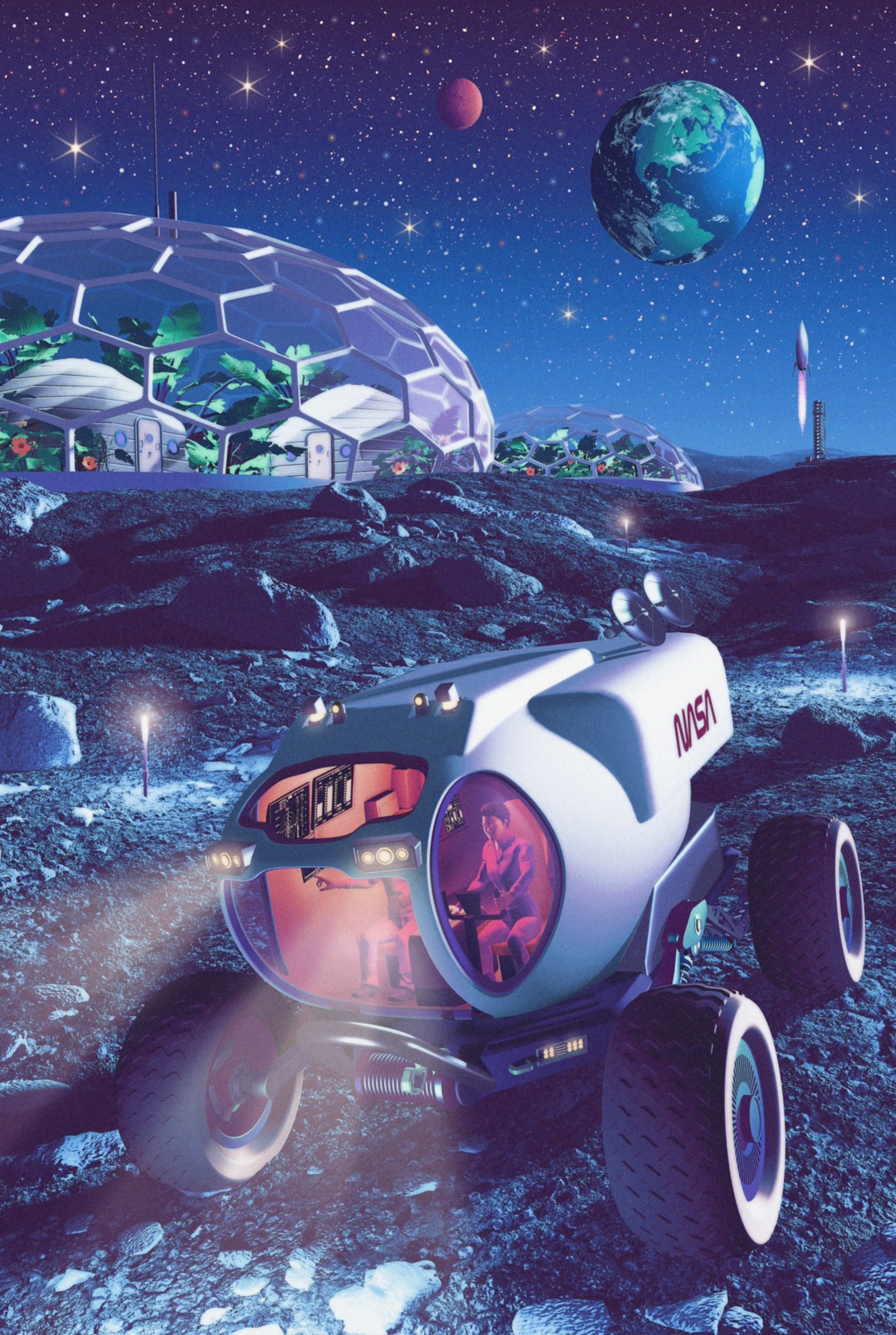 Futuristic moon landscape featuring a rover with headlights, geodesic domes with plants, distant planets