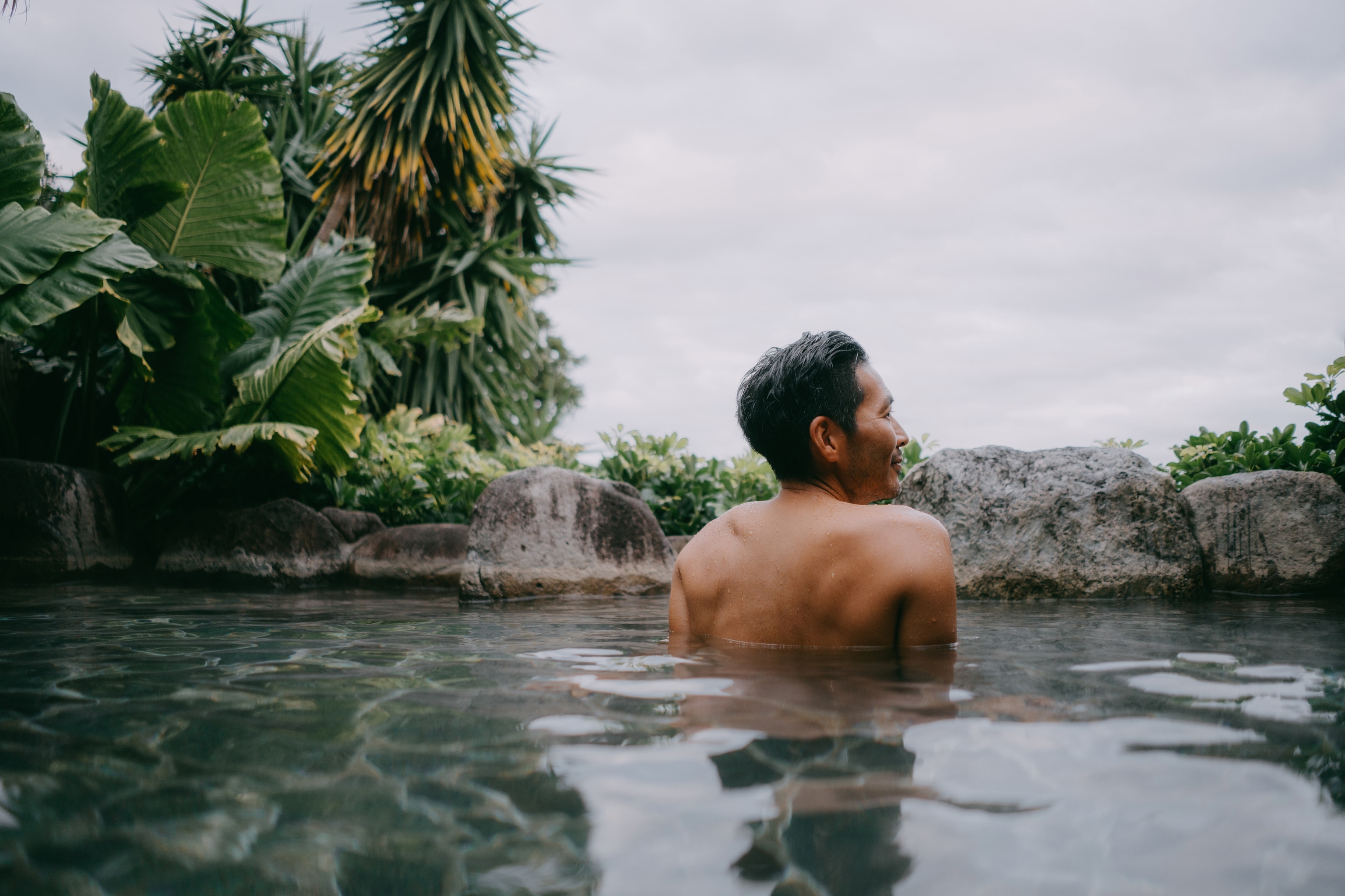 Person in outside spa