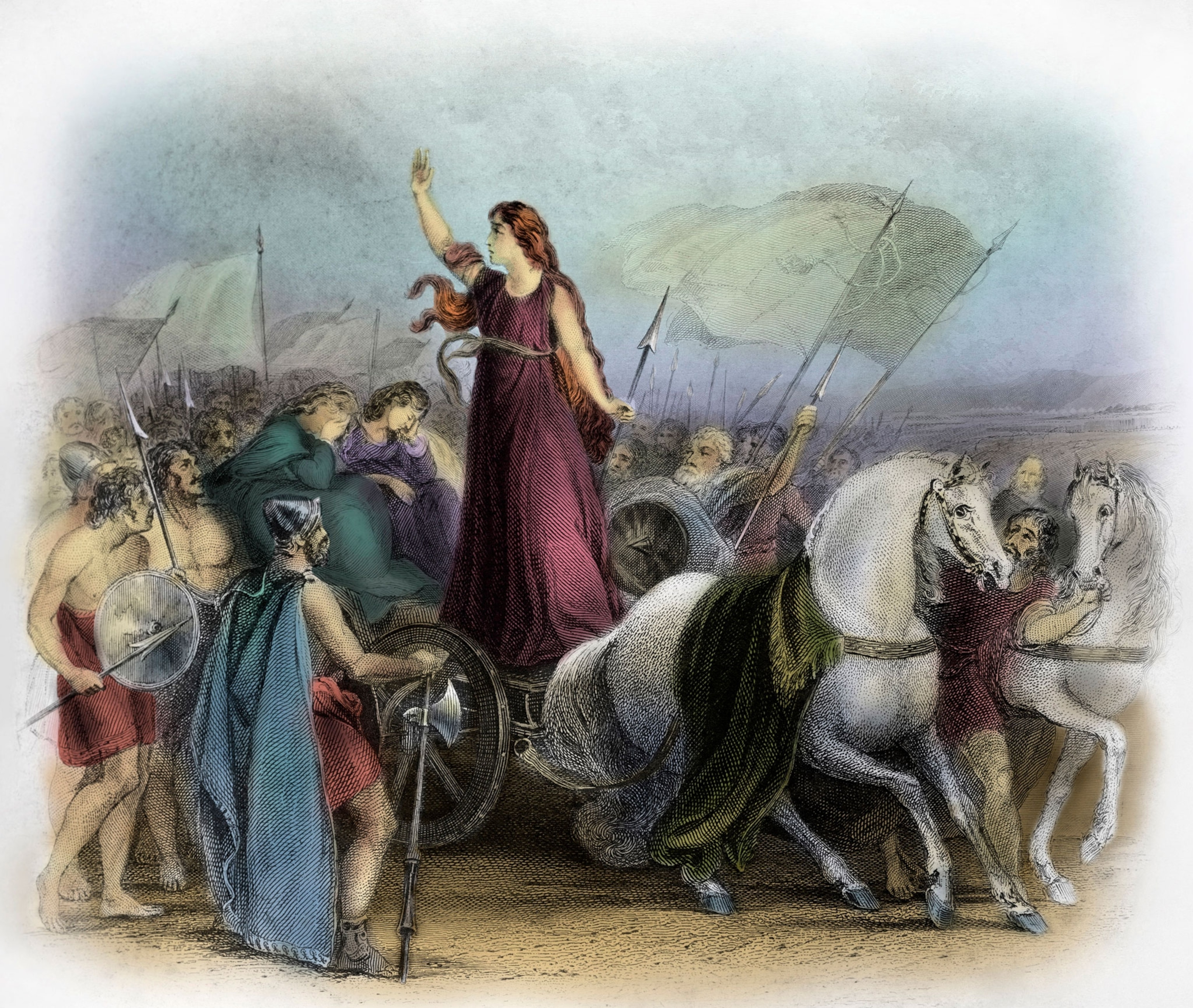 A woman on a chariot with pulled by horses people following her.