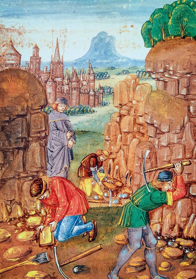 Workers extract stone in a 15th-century illustration
