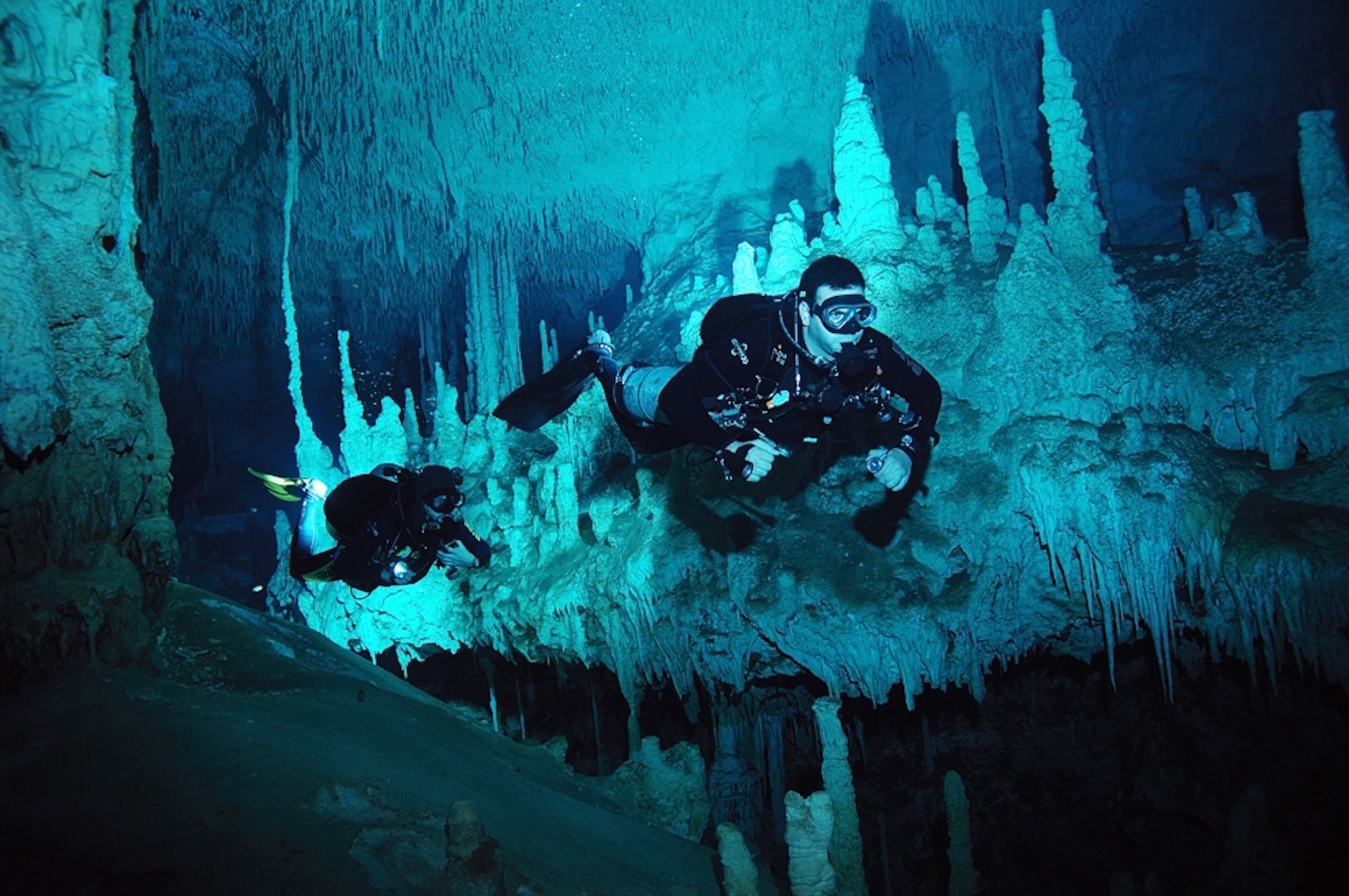 two cave divers in a cenote, Riviera Maya