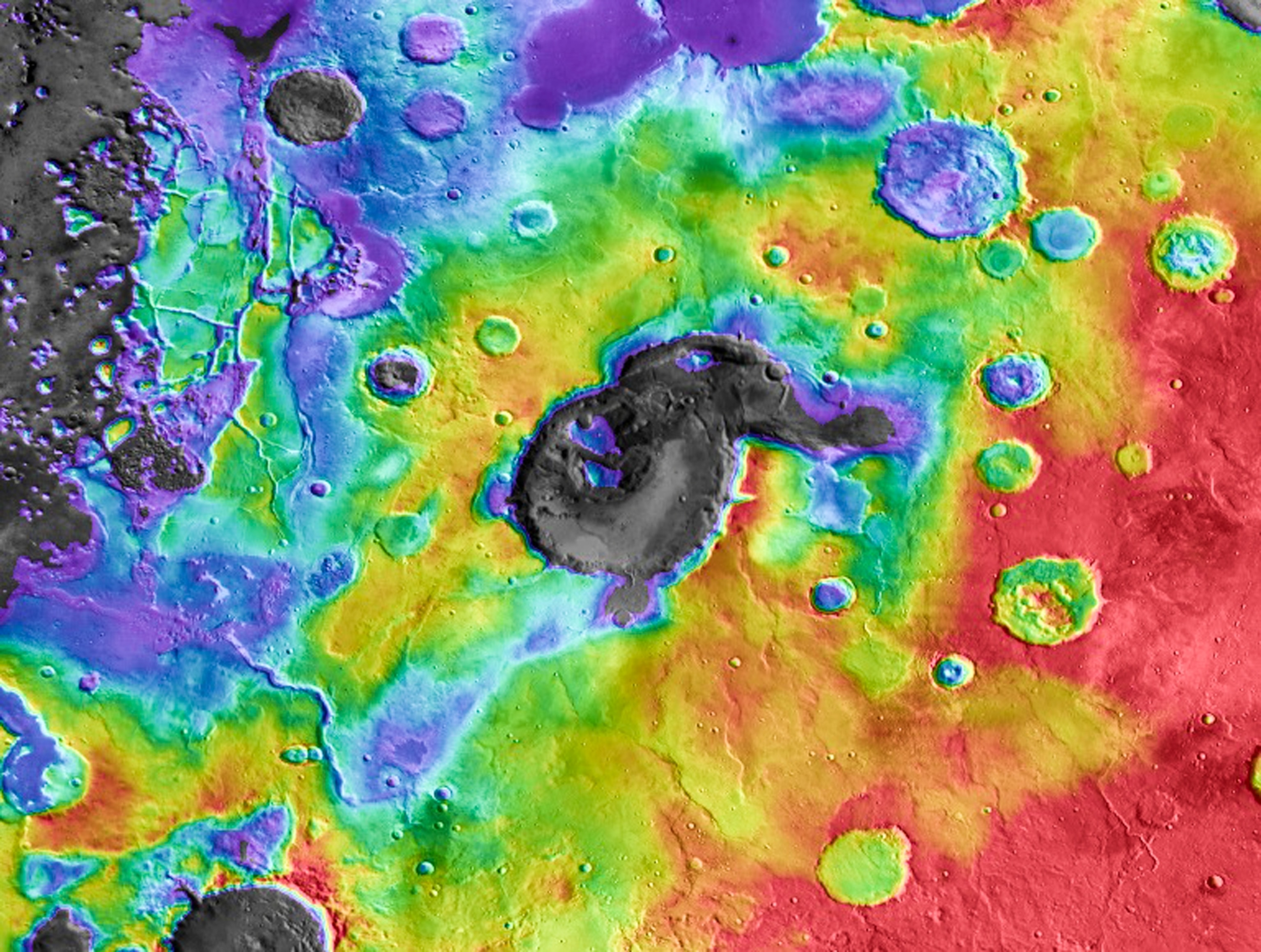 A false-color view of Eden Patera, a possible supervolcano on Mars.