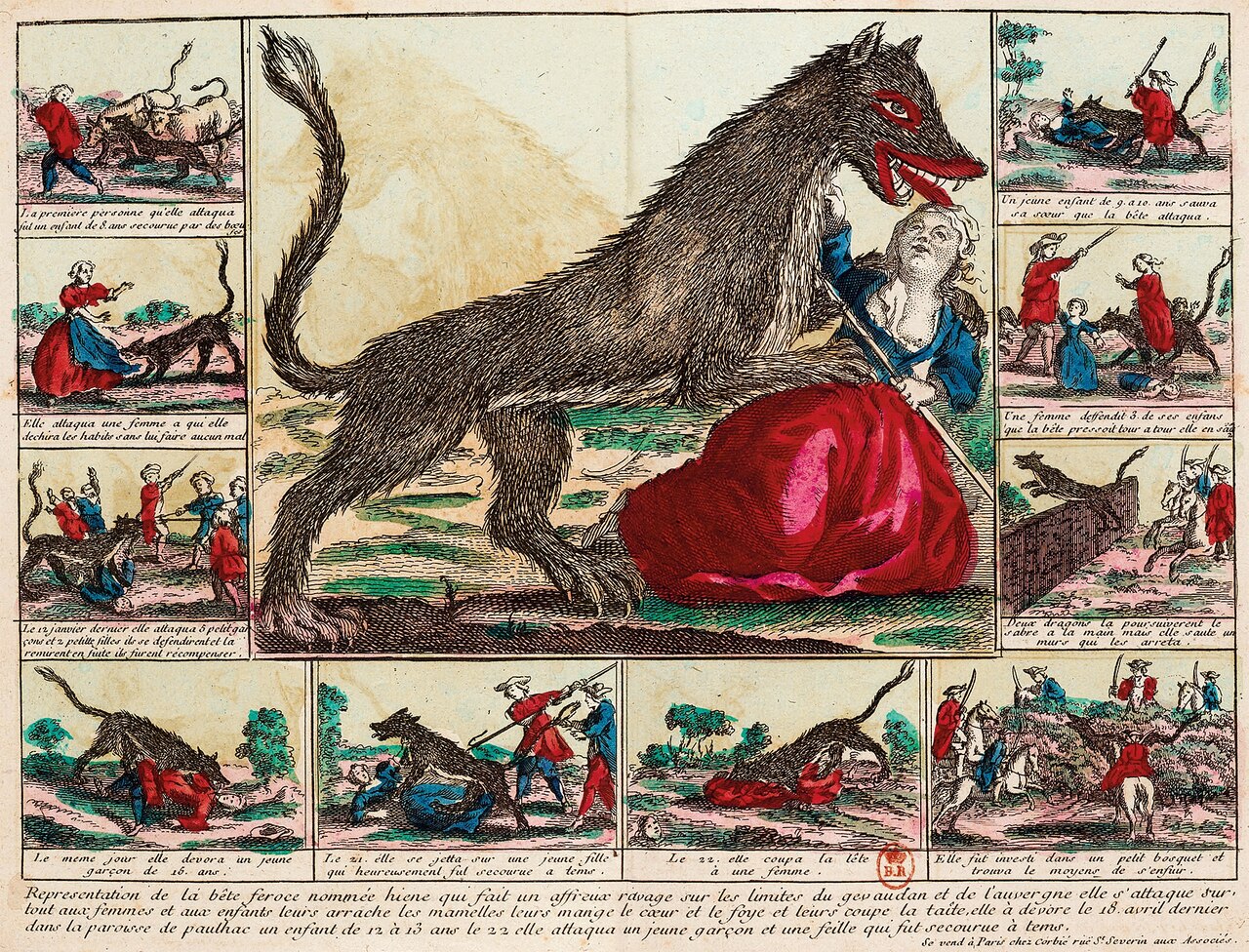 The beast's various attacks are depicted in an 18th- century engraving.