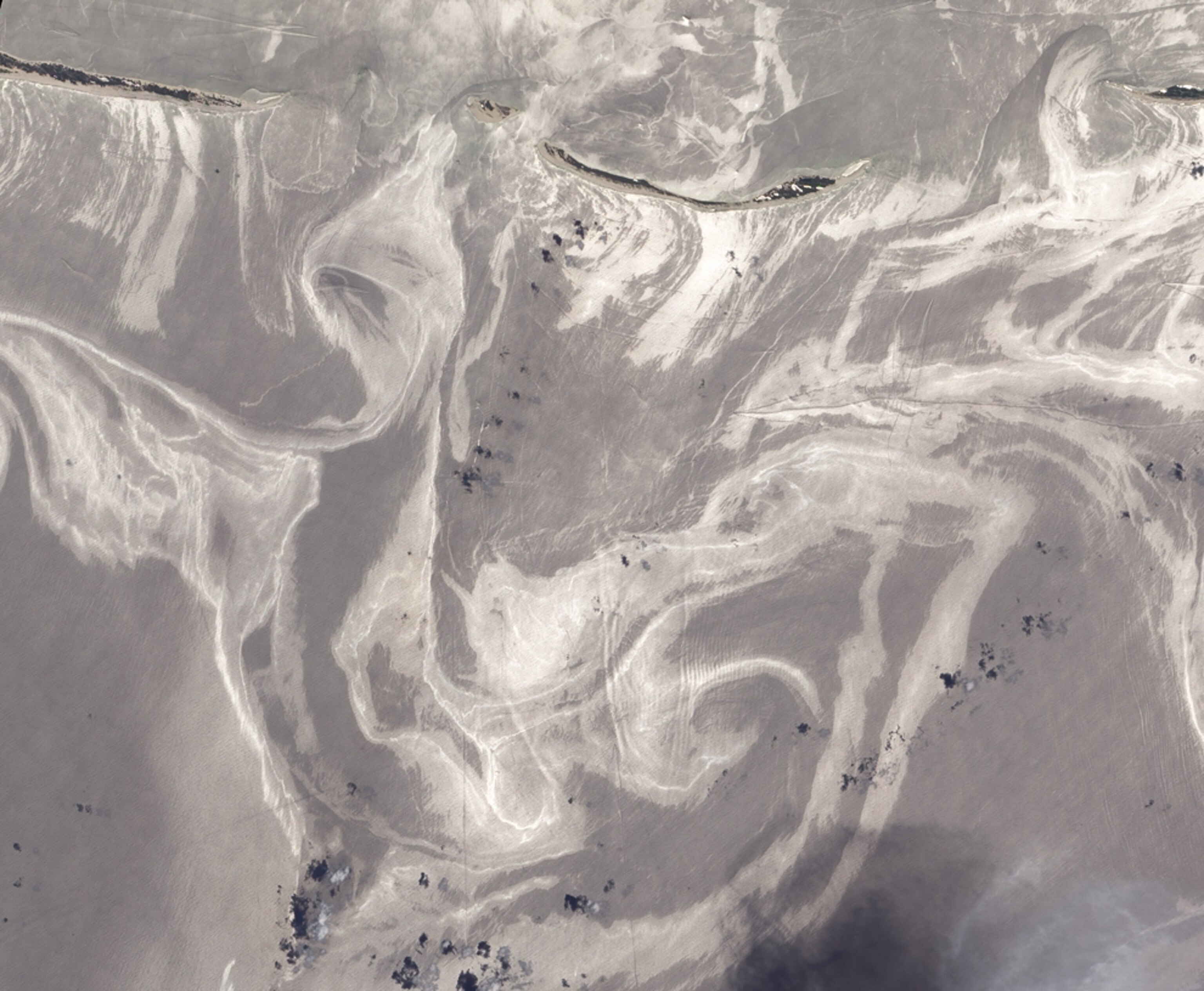 A satellite picture of oil from the Gulf spill near Mississippi's barrier islands.