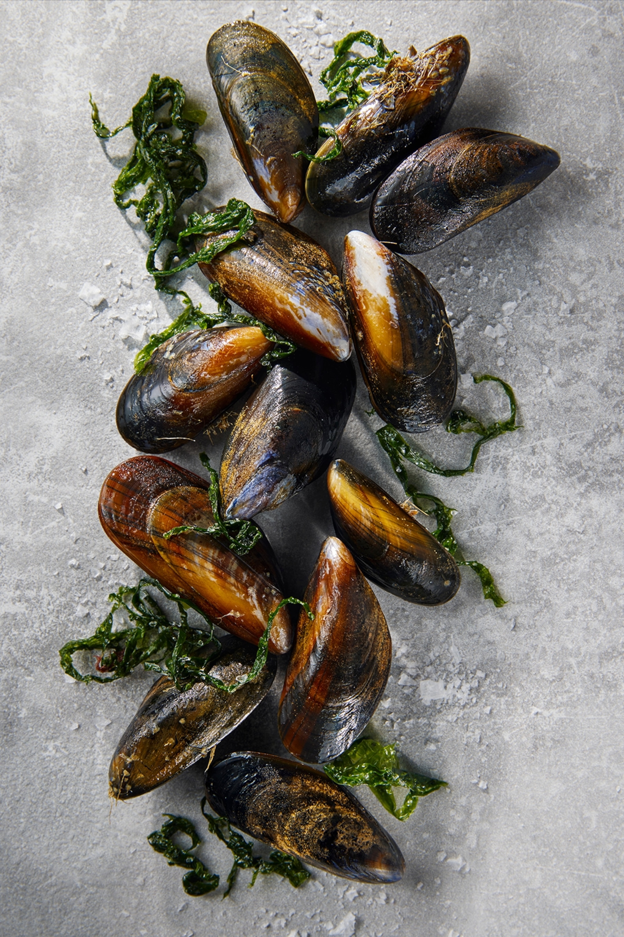 A handful of closed mussels on a marble table top arranaged in a line.