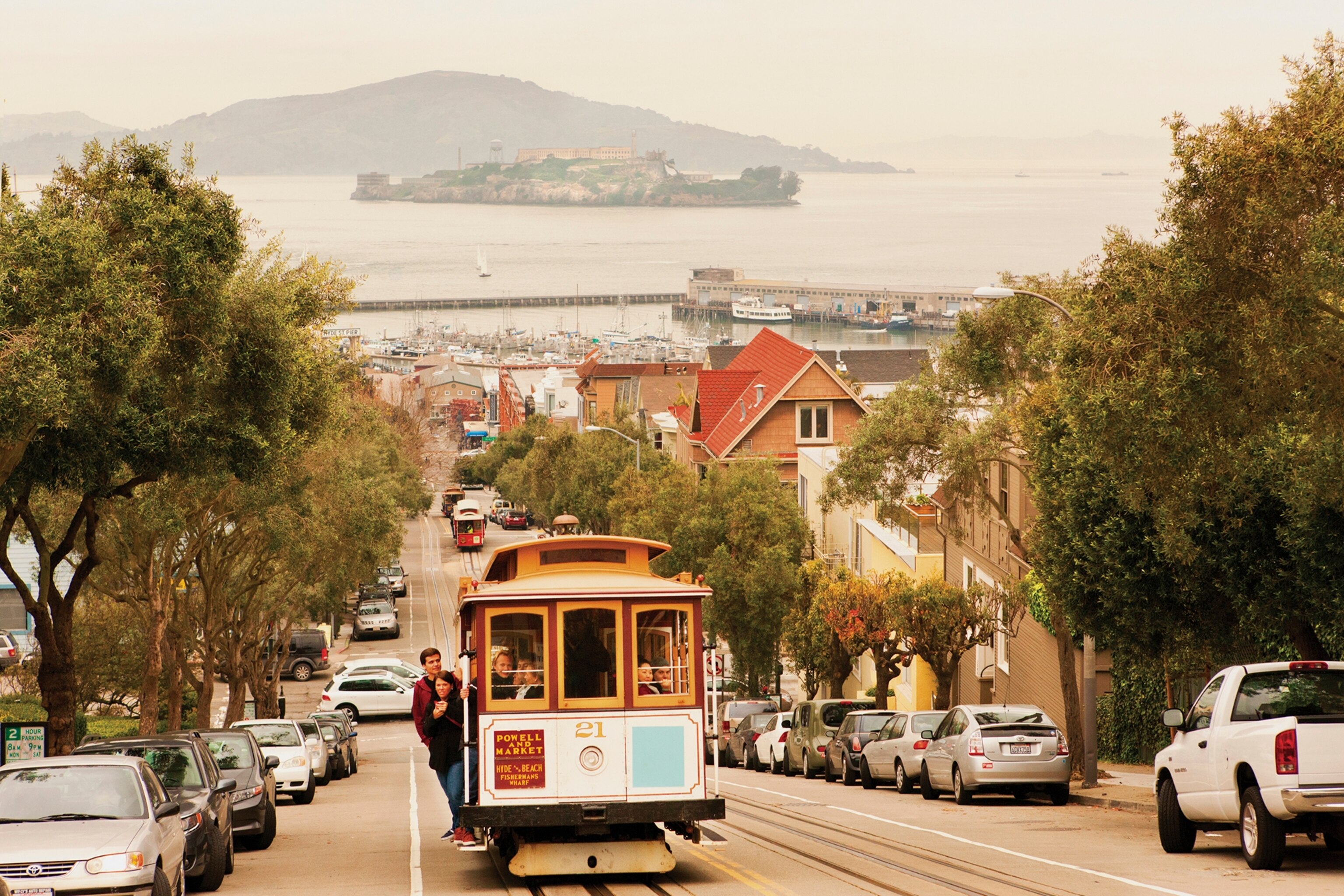 a cable car in San Francisco, California