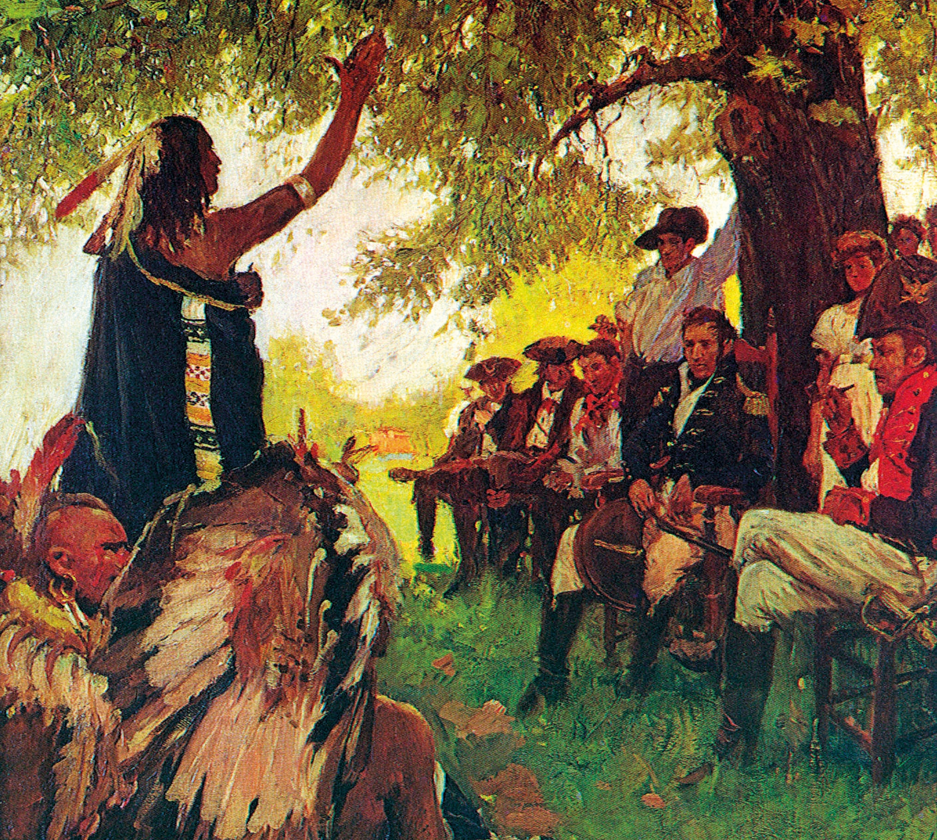 The oil painting “Tecumseh Meets with General Harrison" is pictured.