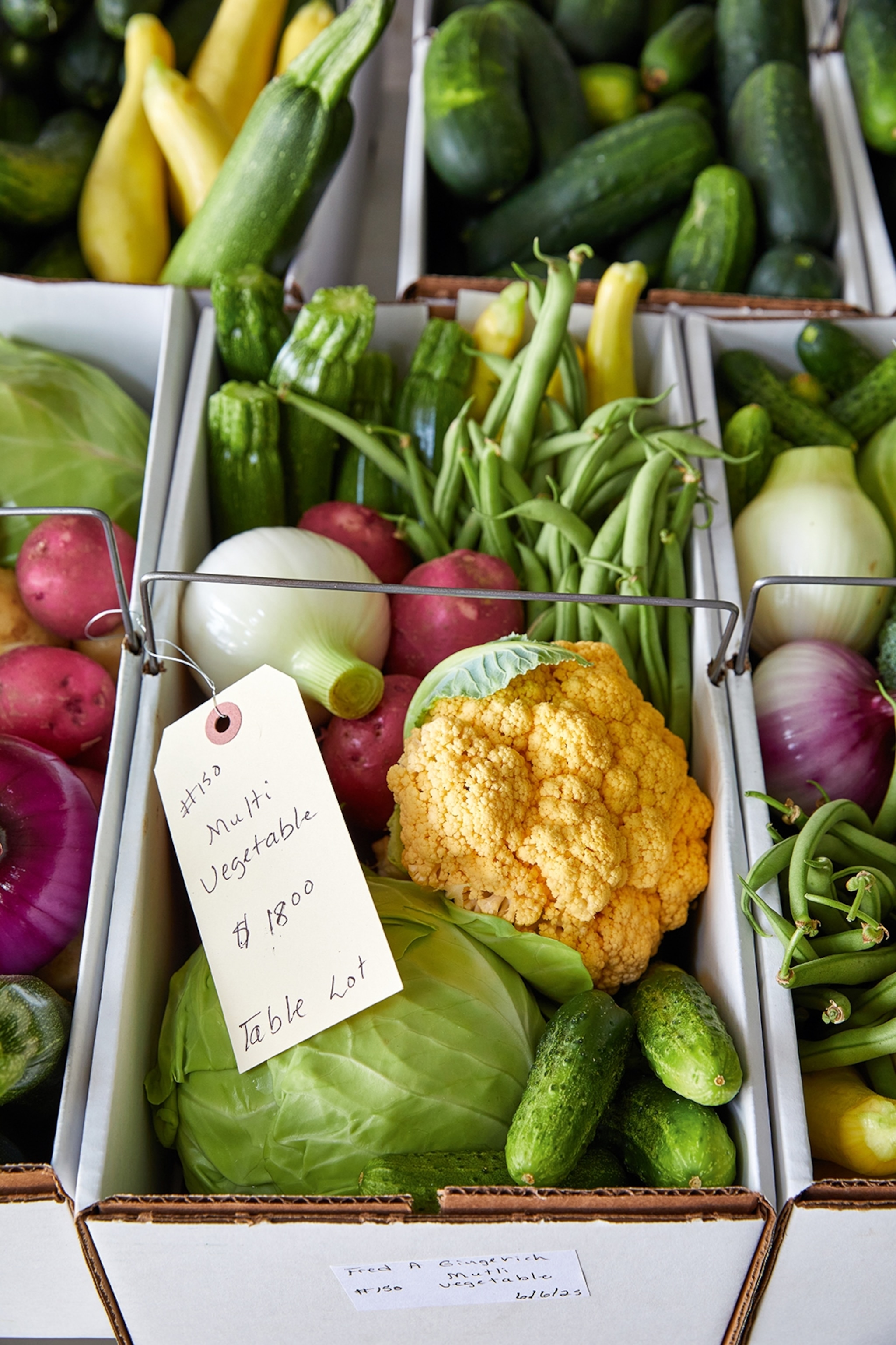 A close-up of a produce basket filled with cauliflower, beans,apples, courgettes, cabbage, gherkins and more.