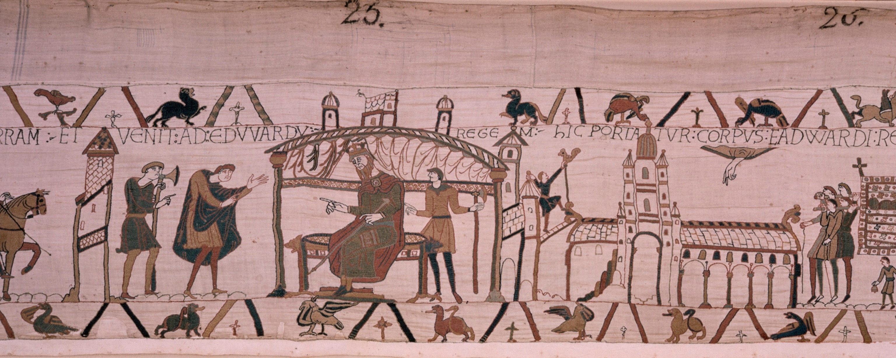 Scene from the Bayeux tapestry where Harold meets ailing King Edward.
