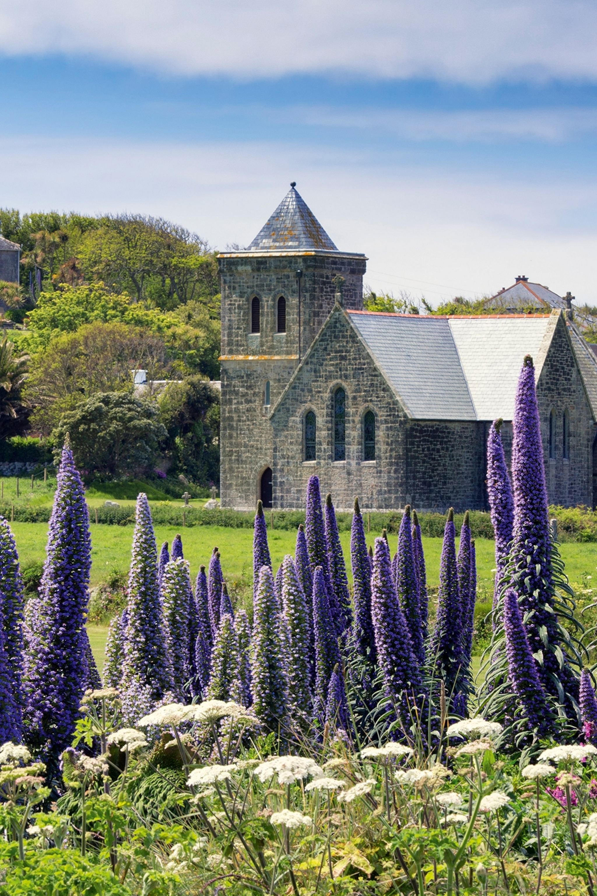 Plants and flowers line the grounds of an abbey.