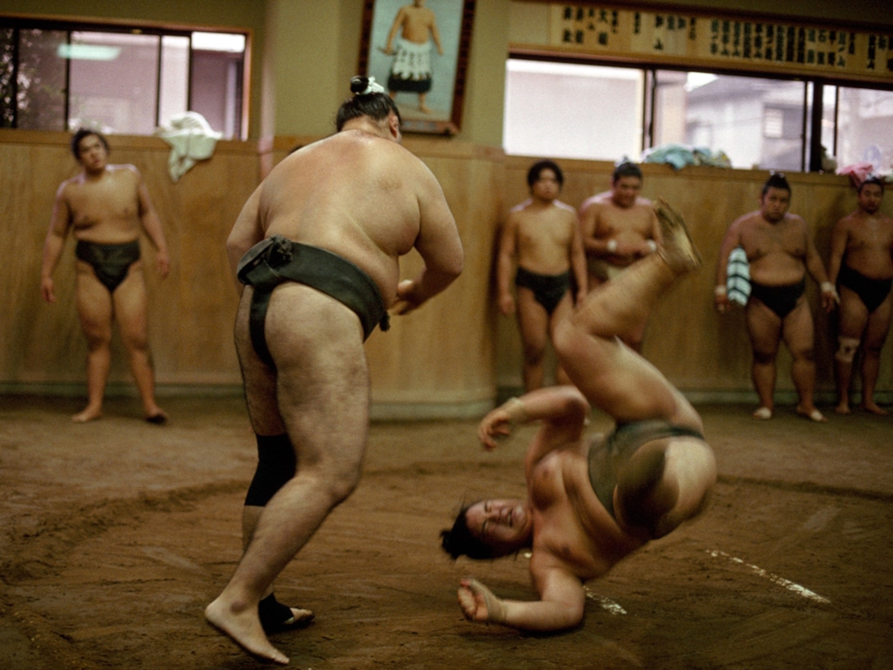 Sumo wrestlers in practice