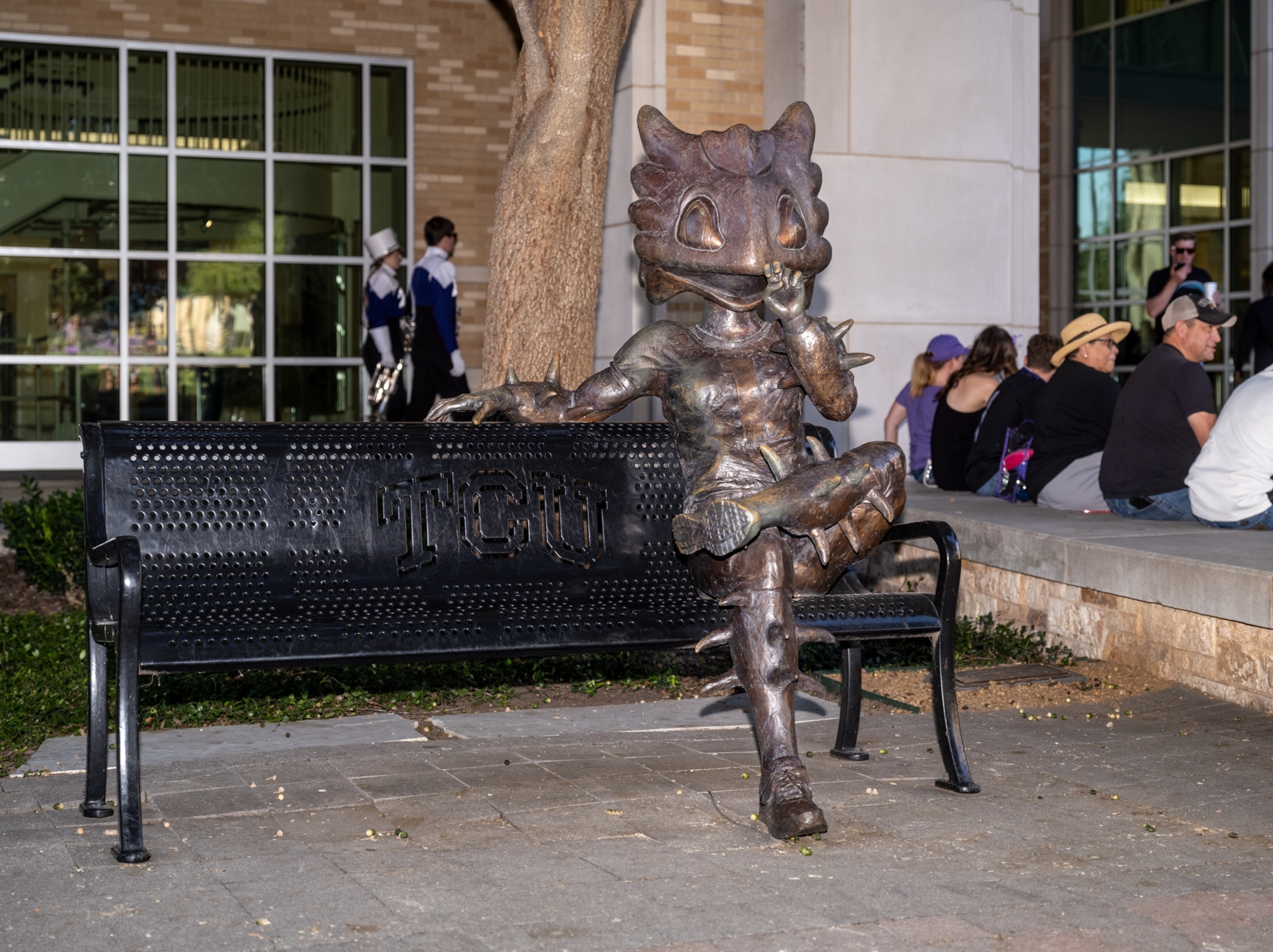 A statue of the Texas Christian University mascot “SuperFrog” sits on a bench on campus.