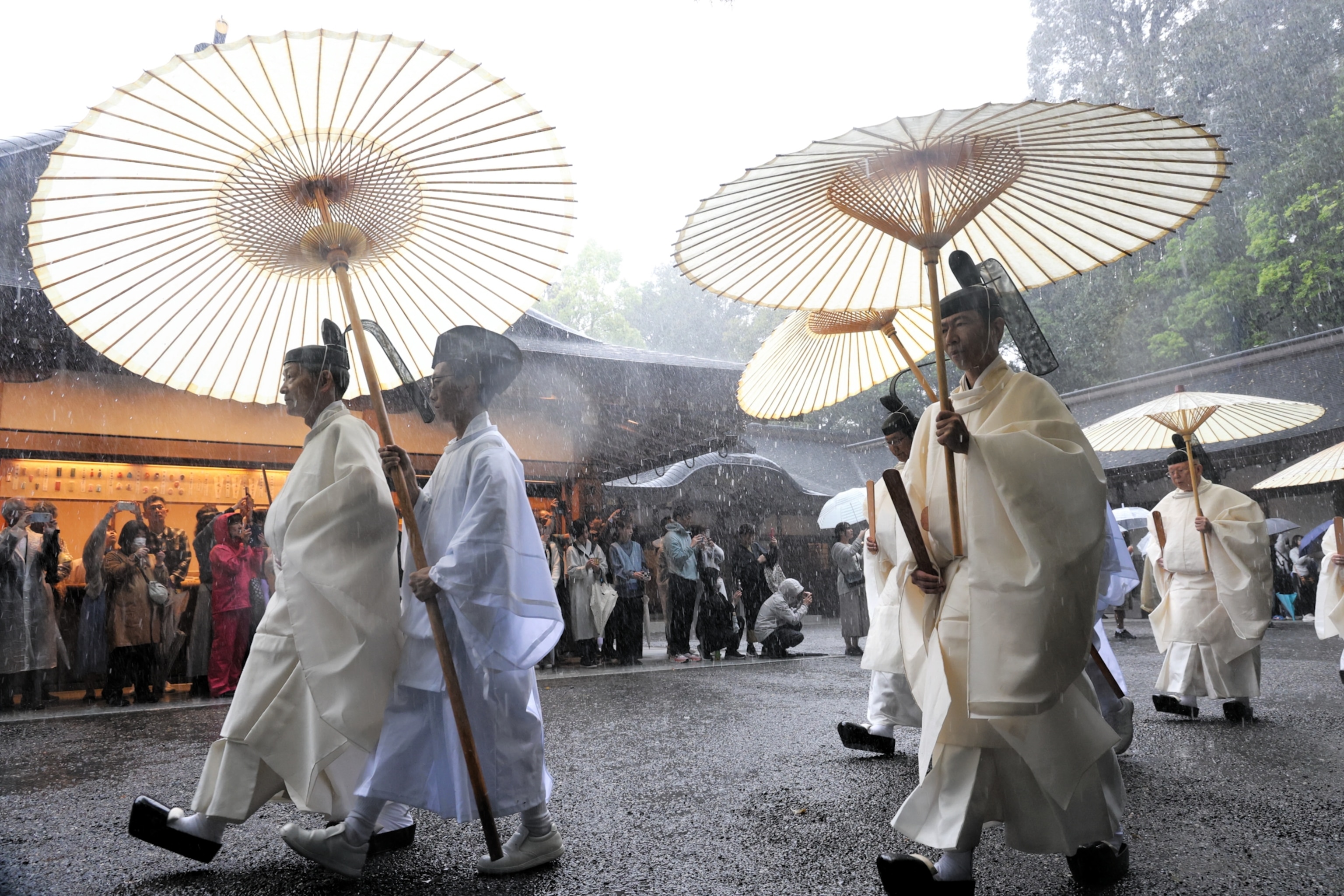 Shinto priests heading to the site of the "Yamaguchi-sai" ceremony under umbrellas in the rain