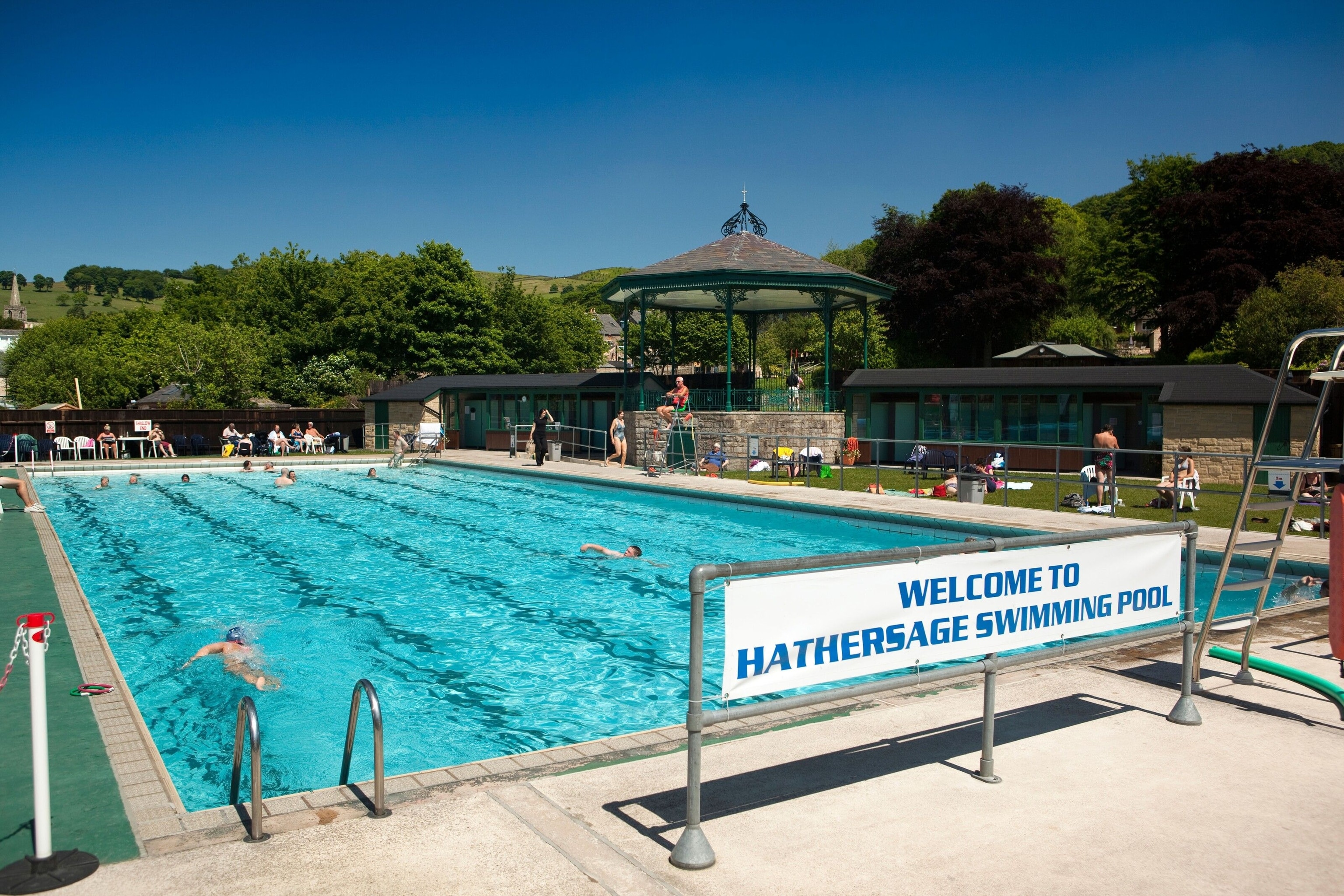 Hathersage's historic swimming pool has quaint features like a bandstand and a retro solarium.
