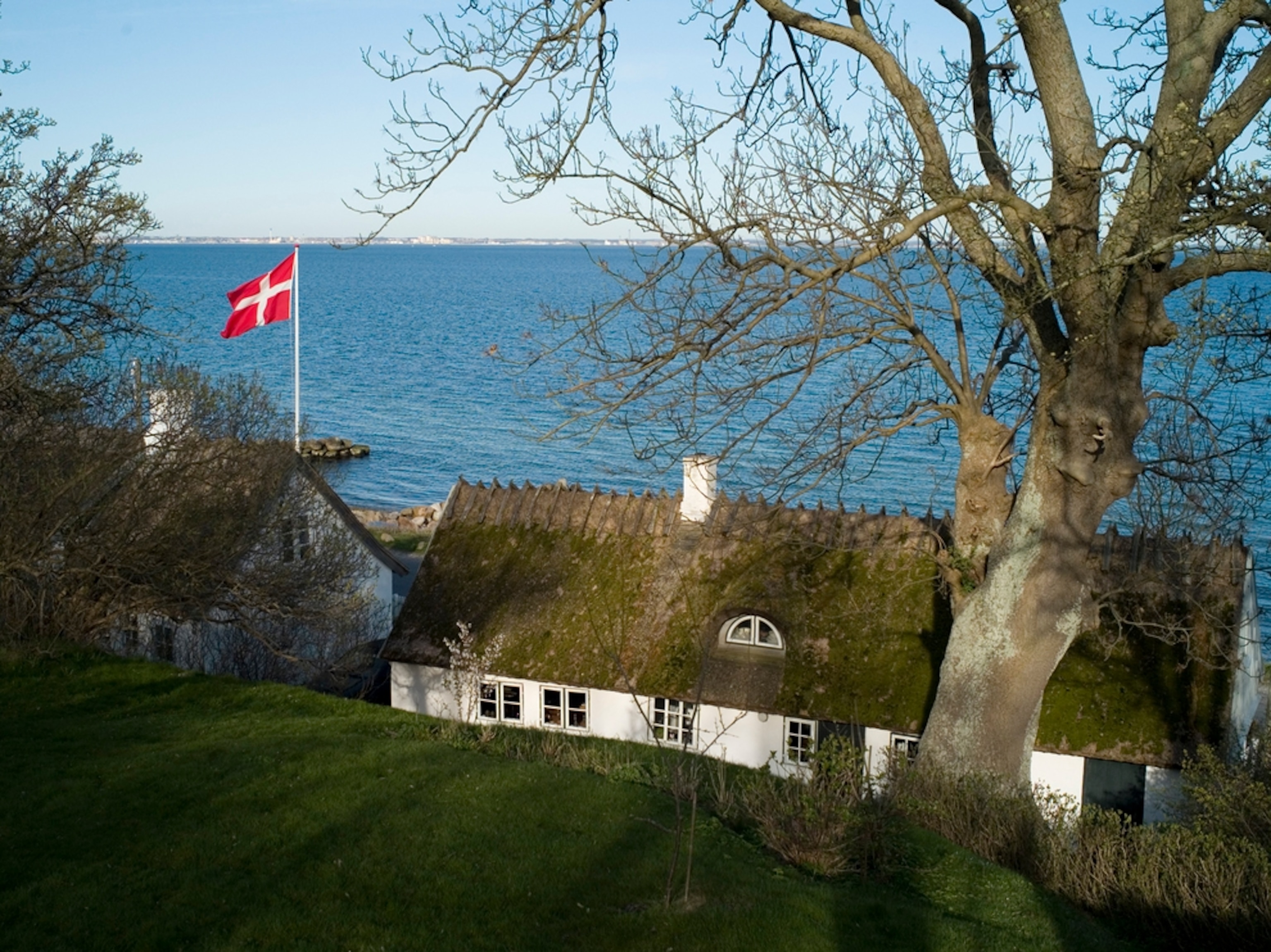 Danish flag waves on the coast of Oresund