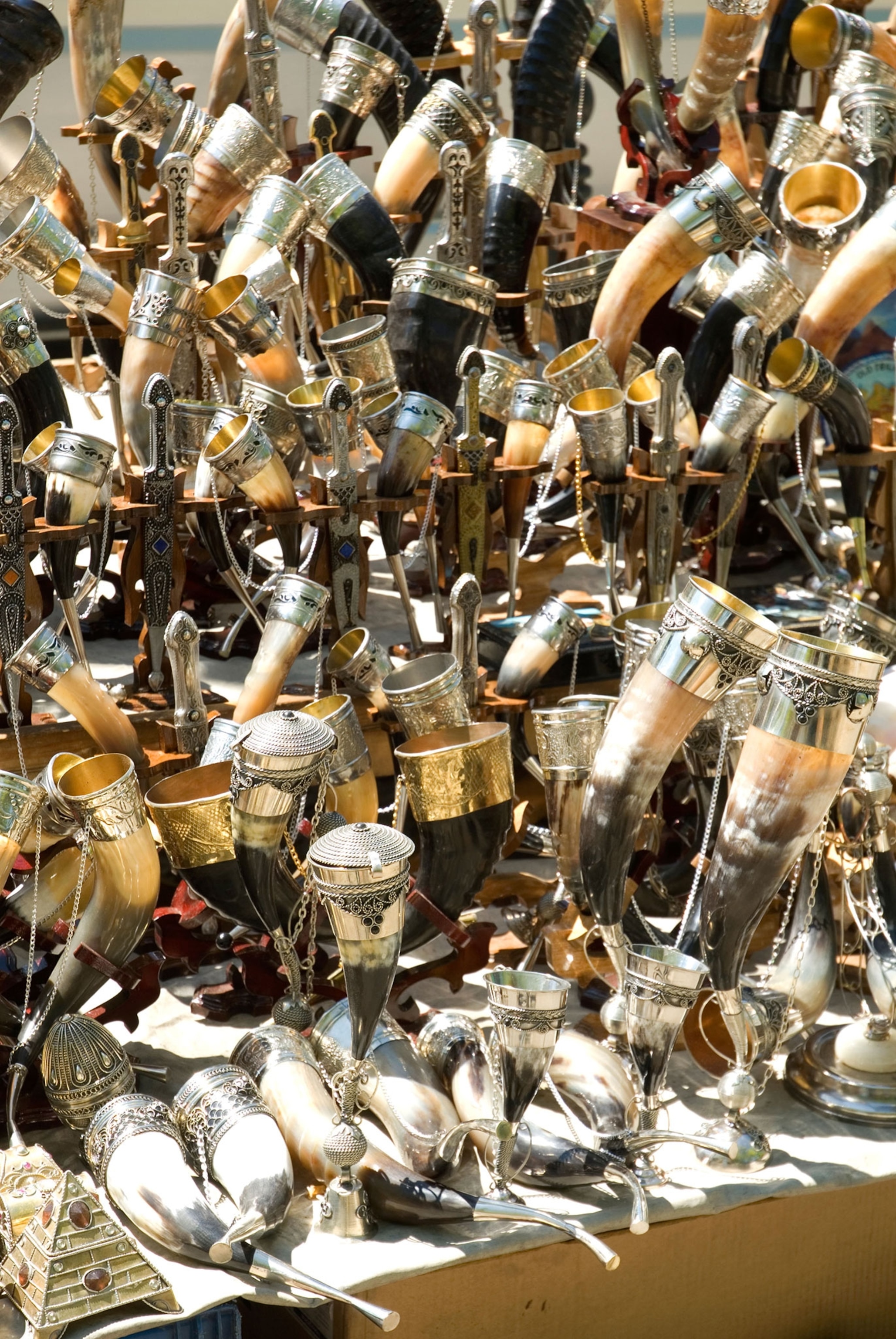 Drinking horns for sale at Dry Bridge Market in Tbilisi, Georgia. Photograph by Alexandre Cappellari, Alamy
