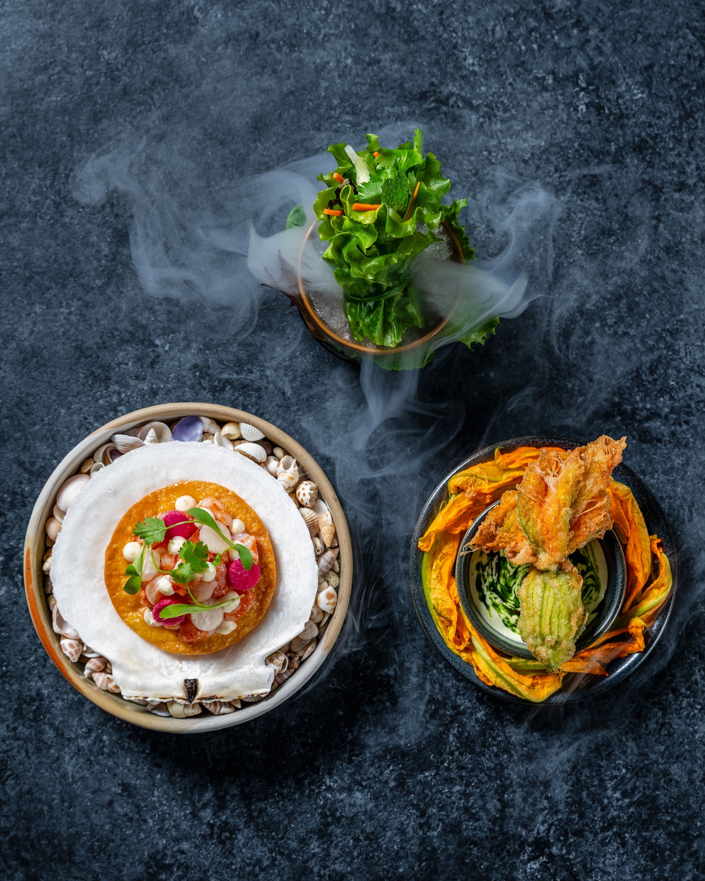 Three dishes of the Chef's Counter Tasting Menu at Echelon