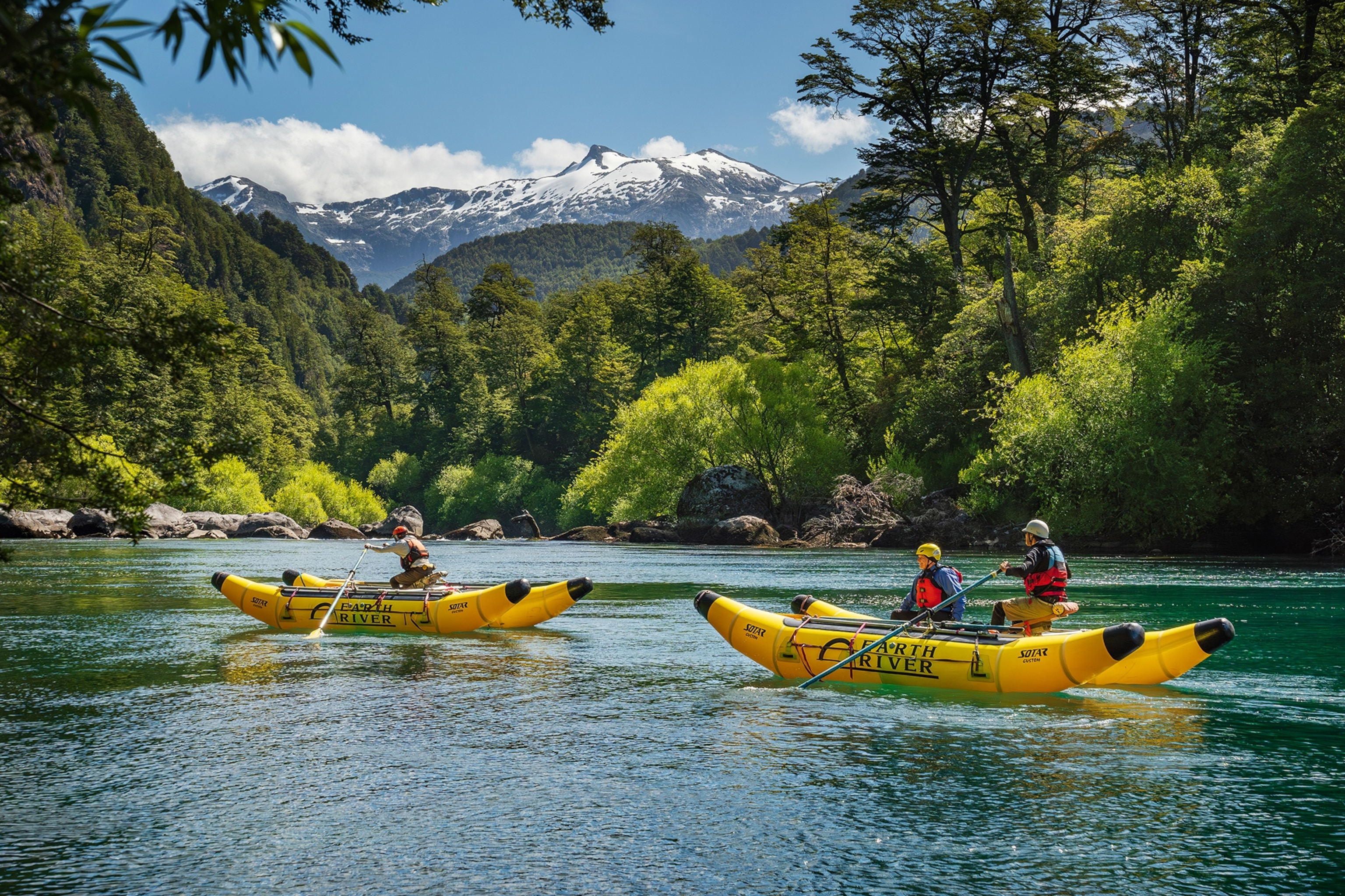 A banana rafting boat on a river with two passengers in safety vests.
