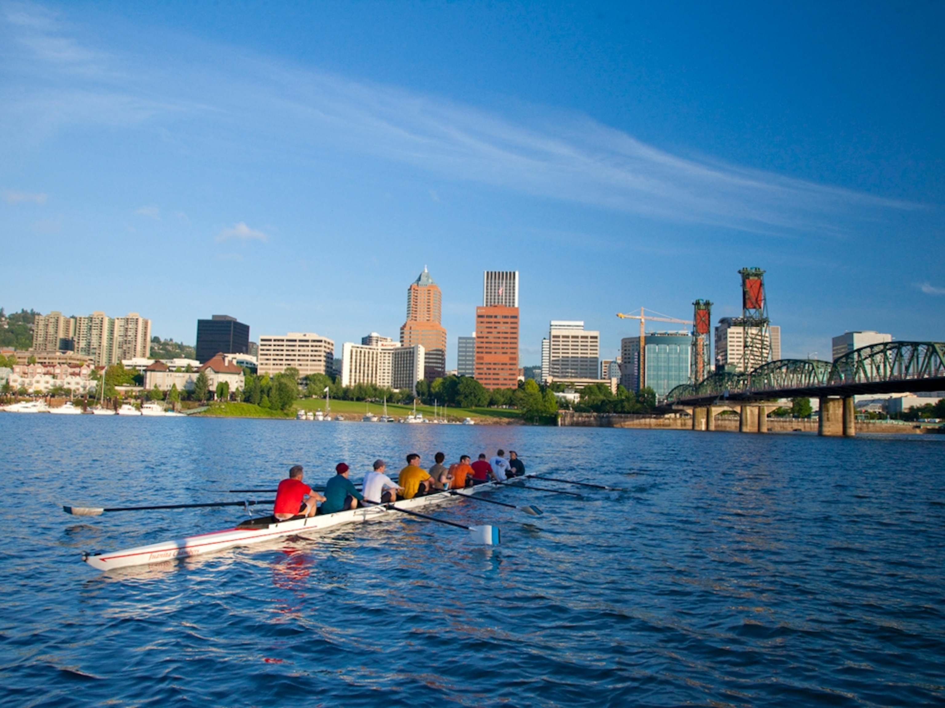 Rowers cross the Willamette River, Portland, Oregon