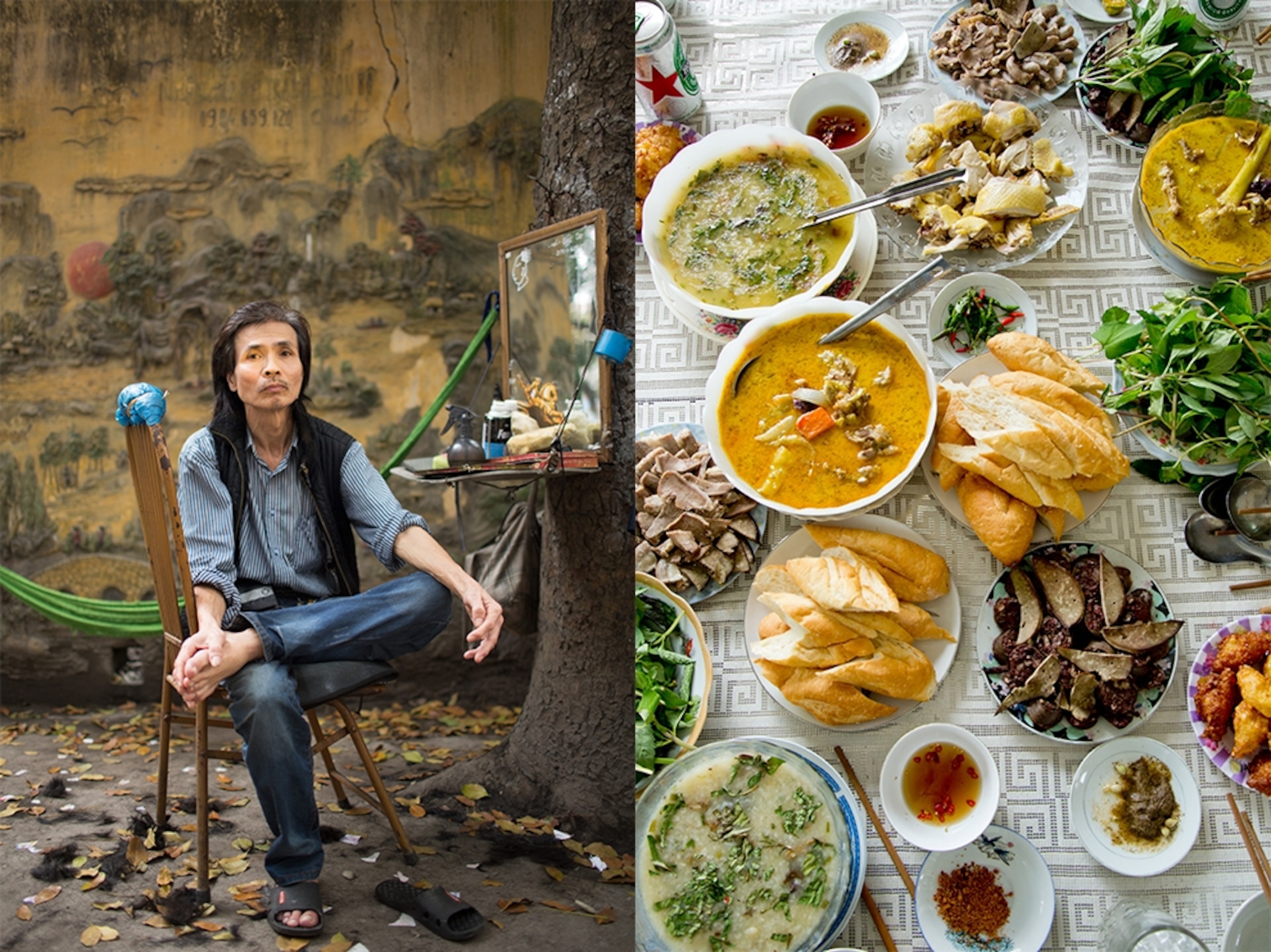 a street barber in Hanoi and lunch food in the Mekong Delta, Vietnam